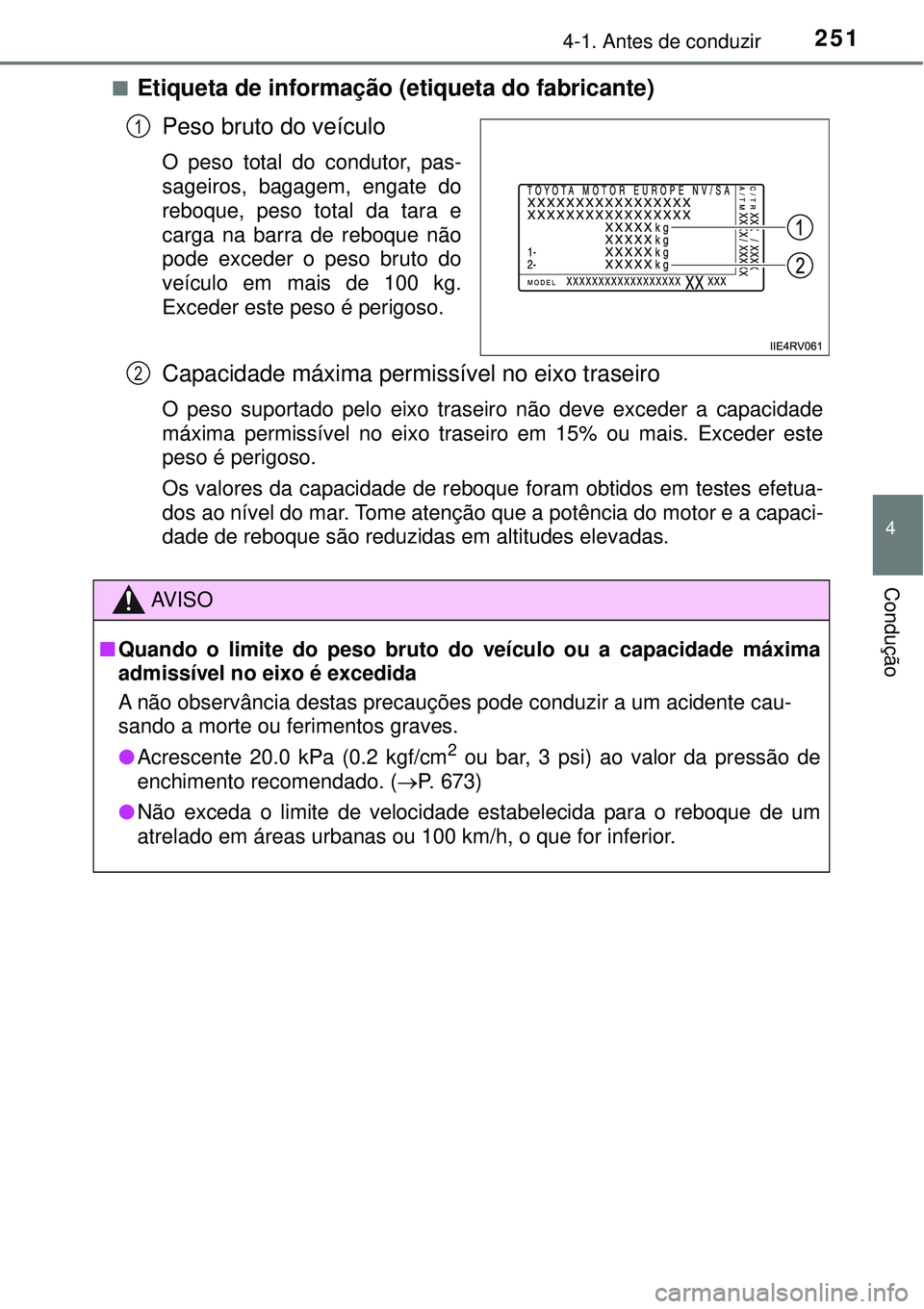 TOYOTA PRIUS 2016 Manual de utilização (in Portuguese) 2514-1. Antes de conduzir
4
Condução
nEtiqueta de informação (etiqueta do fabricante)
Peso bruto do veículo
O peso total do condutor, pas-
sageiros, bagagem, engate do
reboque, peso total da tara TOYOTA PRIUS 2016 Manual de utilização (in Portuguese) 2514-1. Antes de conduzir
4
Condução
nEtiqueta de informação (etiqueta do fabricante)
Peso bruto do veículo
O peso total do condutor, pas-
sageiros, bagagem, engate do
reboque, peso total da tara