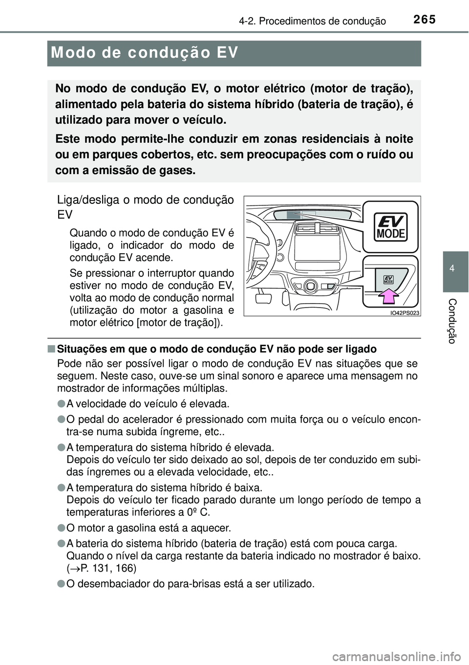 TOYOTA PRIUS 2016 Manual de utilização (in Portuguese) 265
4
4-2. Procedimentos de condução
Condução
Modo de condução EV
Liga/desliga o modo de condução
EV
Quando o modo de condução EV é
ligado, o indicador do modo de
condução EV acende.
Se p TOYOTA PRIUS 2016 Manual de utilização (in Portuguese) 265
4
4-2. Procedimentos de condução
Condução
Modo de condução EV
Liga/desliga o modo de condução
EV
Quando o modo de condução EV é
ligado, o indicador do modo de
condução EV acende.
Se p
