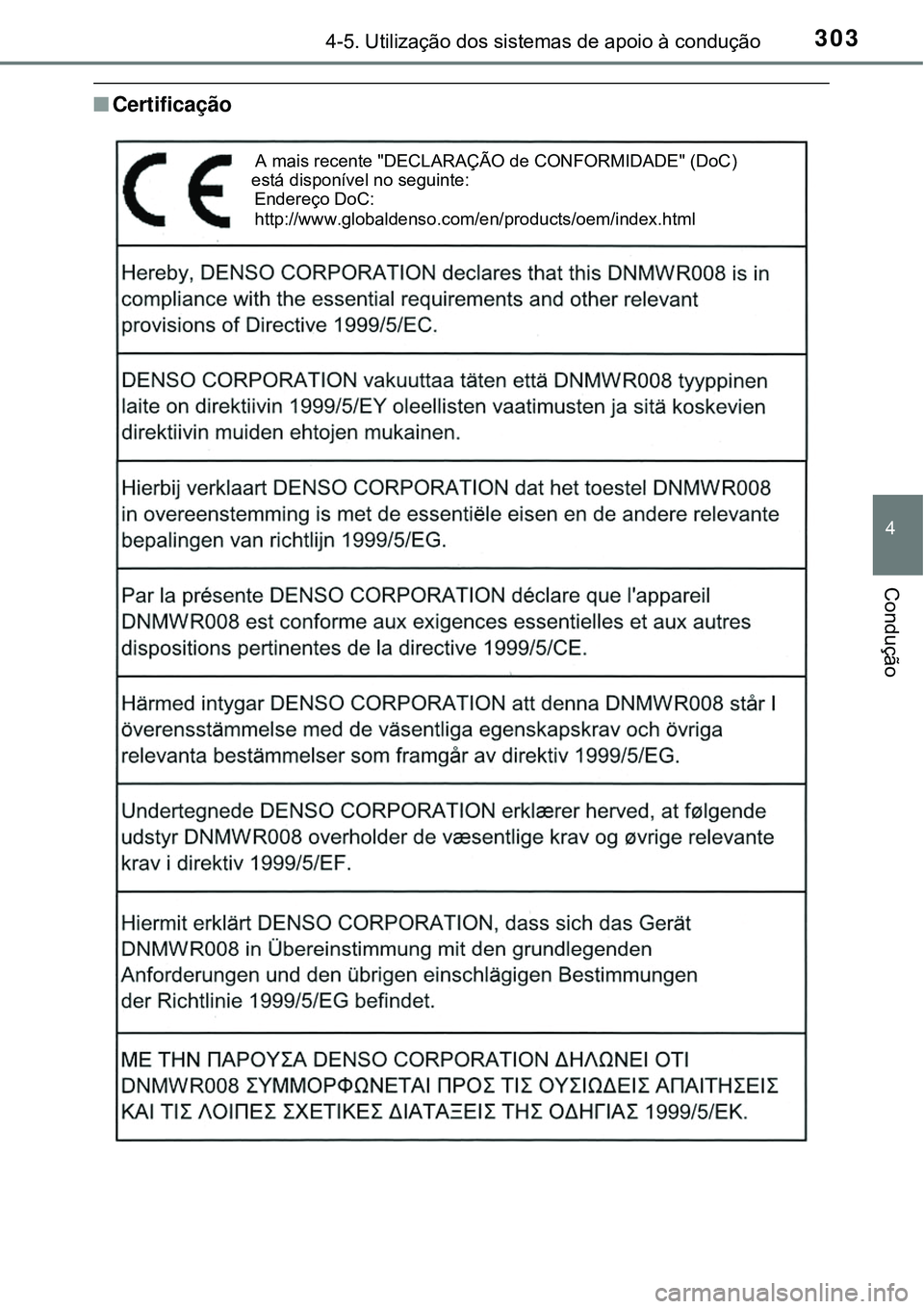 TOYOTA PRIUS 2016 Manual de utilização (in Portuguese) 3034-5. Utilização dos sistemas de apoio à condução
4
Condução
nCertificação
A mais recente "DECLARAÇÃO de CONFORMIDADE" (DoC)
Endereço DoC:
http://www.globaldenso.com/en/products/oem/in TOYOTA PRIUS 2016 Manual de utilização (in Portuguese) 3034-5. Utilização dos sistemas de apoio à condução
4
Condução
nCertificação
A mais recente "DECLARAÇÃO de CONFORMIDADE" (DoC)
Endereço DoC:
http://www.globaldenso.com/en/products/oem/in