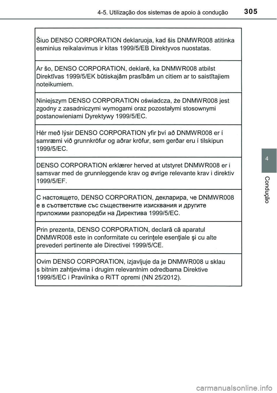 TOYOTA PRIUS 2016 Manual de utilização (in Portuguese) 3054-5. Utilização dos sistemas de apoio à condução
4
Condução TOYOTA PRIUS 2016 Manual de utilização (in Portuguese) 3054-5. Utilização dos sistemas de apoio à condução
4
Condução