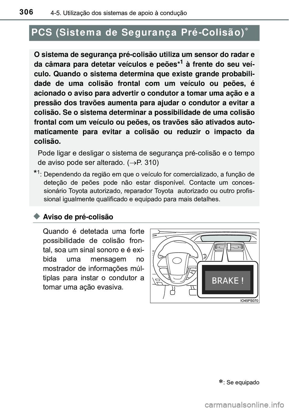 TOYOTA PRIUS 2016 Manual de utilização (in Portuguese) 3064-5. Utilização dos sistemas de apoio à condução
PCS (Sistema de Segurança Pré-Colisão)
uAviso de pré-colisão
Quando é detetada uma forte
possibilidade de colisão fron-
tal, soa um s TOYOTA PRIUS 2016 Manual de utilização (in Portuguese) 3064-5. Utilização dos sistemas de apoio à condução
PCS (Sistema de Segurança Pré-Colisão)
uAviso de pré-colisão
Quando é detetada uma forte
possibilidade de colisão fron-
tal, soa um s