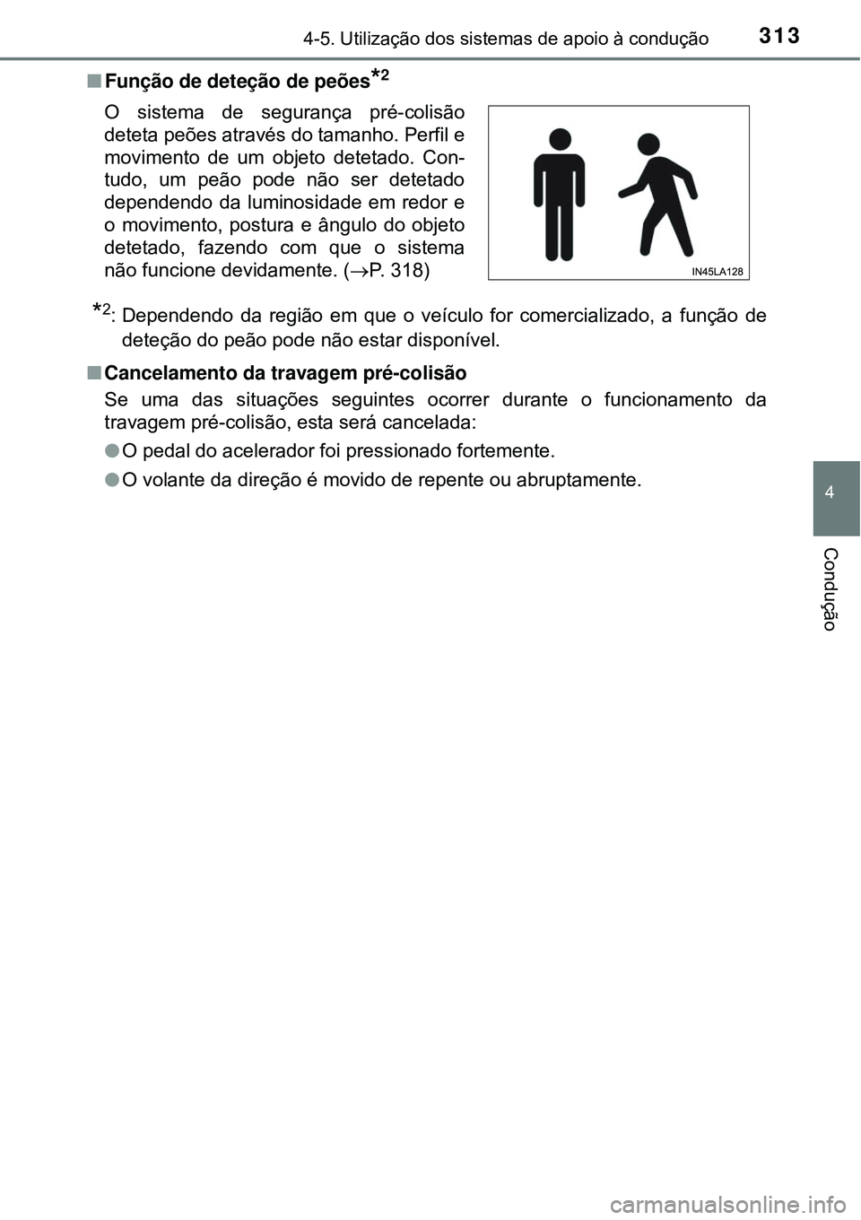 TOYOTA PRIUS 2016 Manual de utilização (in Portuguese) 3134-5. Utilização dos sistemas de apoio à condução
4
Condução
nFunção de deteção de peões*2
*2: Dependendo da região em que o veículo for comercializado, a função de
deteção do peã TOYOTA PRIUS 2016 Manual de utilização (in Portuguese) 3134-5. Utilização dos sistemas de apoio à condução
4
Condução
nFunção de deteção de peões*2
*2: Dependendo da região em que o veículo for comercializado, a função de
deteção do peã