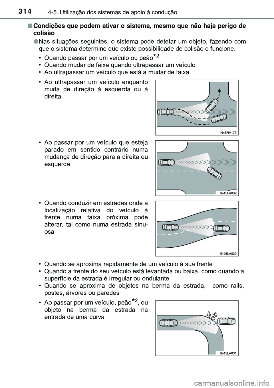 TOYOTA PRIUS 2016 Manual de utilização (in Portuguese) 3144-5. Utilização dos sistemas de apoio à condução
nCondições que podem ativar o sistema, mesmo que não haja perigo de
colisão
lNas situações seguintes, o sistema pode detetar um objeto, f TOYOTA PRIUS 2016 Manual de utilização (in Portuguese) 3144-5. Utilização dos sistemas de apoio à condução
nCondições que podem ativar o sistema, mesmo que não haja perigo de
colisão
lNas situações seguintes, o sistema pode detetar um objeto, f