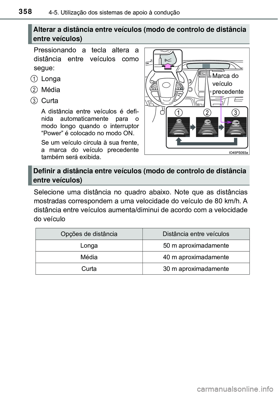 TOYOTA PRIUS 2016 Manual de utilização (in Portuguese) 3584-5. Utilização dos sistemas de apoio à condução
Pressionando a tecla altera a
distância entre veículos como
segue:
Longa
Média
Curta
A distância entre veículos é defi-
nida automaticame TOYOTA PRIUS 2016 Manual de utilização (in Portuguese) 3584-5. Utilização dos sistemas de apoio à condução
Pressionando a tecla altera a
distância entre veículos como
segue:
Longa
Média
Curta
A distância entre veículos é defi-
nida automaticame