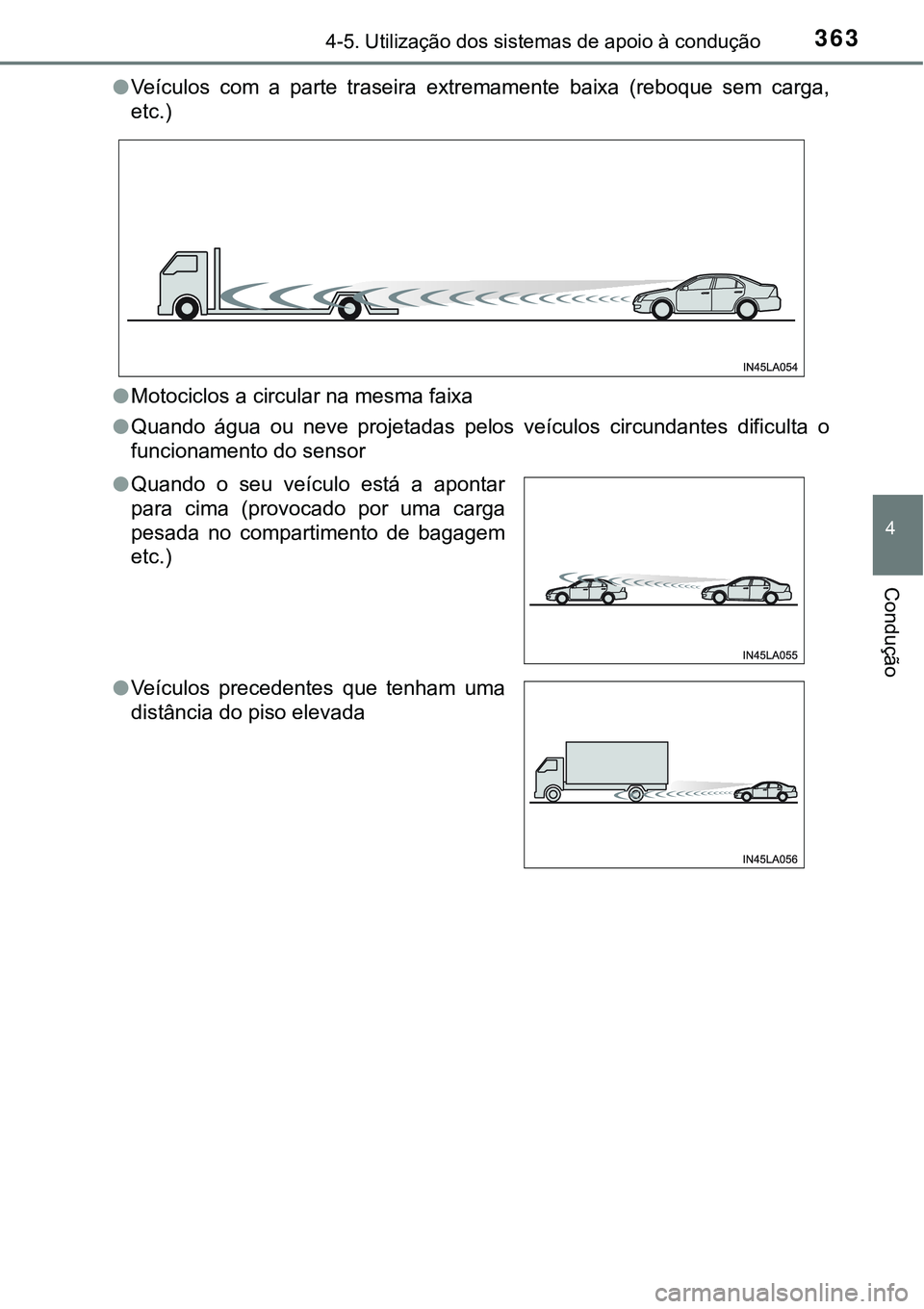 TOYOTA PRIUS 2016 Manual de utilização (in Portuguese) 3634-5. Utilização dos sistemas de apoio à condução
4
Condução
lVeículos com a parte traseira extremamente baixa (reboque sem carga,
etc.)
lMotociclos a circular na mesma faixa
lQuando água o TOYOTA PRIUS 2016 Manual de utilização (in Portuguese) 3634-5. Utilização dos sistemas de apoio à condução
4
Condução
lVeículos com a parte traseira extremamente baixa (reboque sem carga,
etc.)
lMotociclos a circular na mesma faixa
lQuando água o