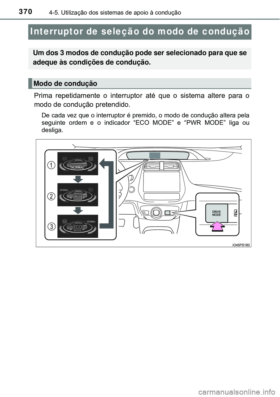 TOYOTA PRIUS 2016 Manual de utilização (in Portuguese) 3704-5. Utilização dos sistemas de apoio à condução
Interruptor de seleção do modo de condução
Prima repetidamente o interruptor até que o sistema altere para o
modo de condução pretendido TOYOTA PRIUS 2016 Manual de utilização (in Portuguese) 3704-5. Utilização dos sistemas de apoio à condução
Interruptor de seleção do modo de condução
Prima repetidamente o interruptor até que o sistema altere para o
modo de condução pretendido