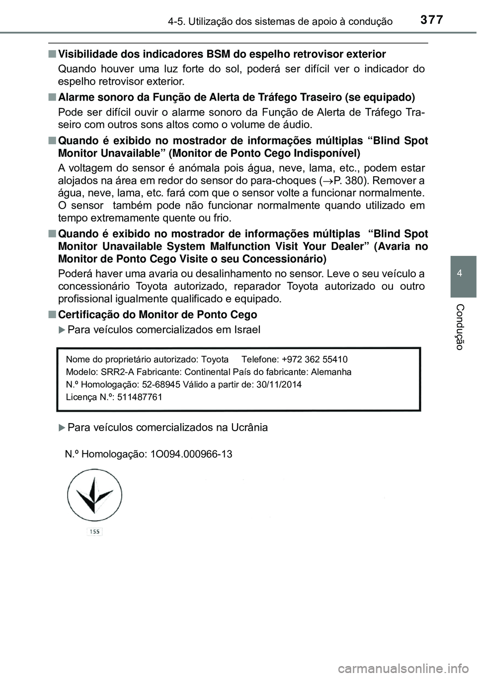 TOYOTA PRIUS 2016 Manual de utilização (in Portuguese) 3774-5. Utilização dos sistemas de apoio à condução
4
Condução
nVisibilidade dos indicadores BSM do espelho retrovisor exterior
Quando houver uma luz forte do sol, poderá ser difícil ver o in TOYOTA PRIUS 2016 Manual de utilização (in Portuguese) 3774-5. Utilização dos sistemas de apoio à condução
4
Condução
nVisibilidade dos indicadores BSM do espelho retrovisor exterior
Quando houver uma luz forte do sol, poderá ser difícil ver o in