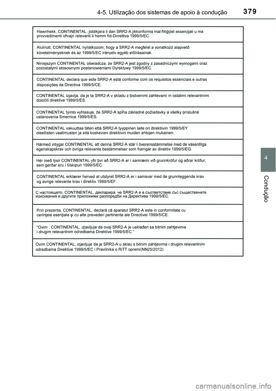 TOYOTA PRIUS 2016 Manual de utilização (in Portuguese) 3794-5. Utilização dos sistemas de apoio à condução
4
Condução TOYOTA PRIUS 2016 Manual de utilização (in Portuguese) 3794-5. Utilização dos sistemas de apoio à condução
4
Condução