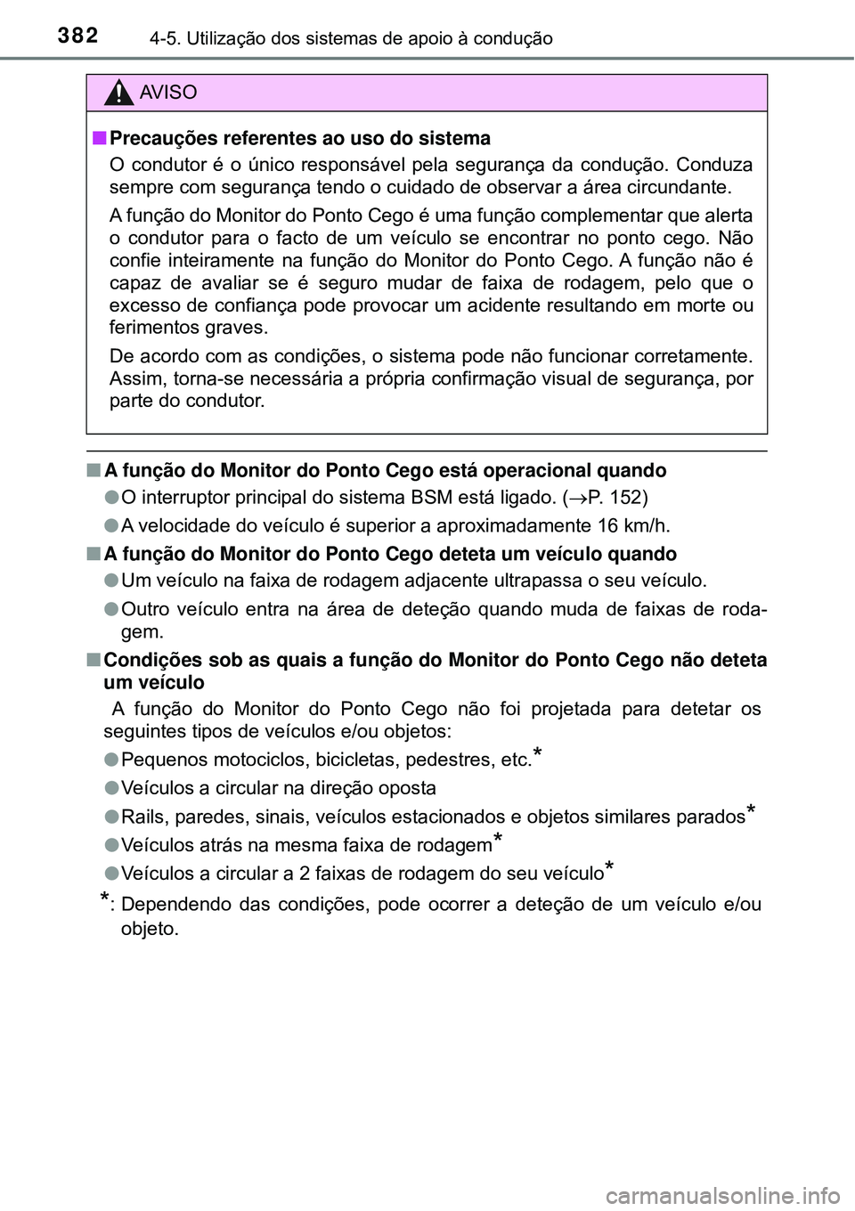 TOYOTA PRIUS 2016 Manual de utilização (in Portuguese) 3824-5. Utilização dos sistemas de apoio à condução
nA função do Monitor do Ponto Cego está operacional quando
lO interruptor principal do sistema BSM está ligado. (P. 152)
lA velocidade d TOYOTA PRIUS 2016 Manual de utilização (in Portuguese) 3824-5. Utilização dos sistemas de apoio à condução
nA função do Monitor do Ponto Cego está operacional quando
lO interruptor principal do sistema BSM está ligado. (P. 152)
lA velocidade d