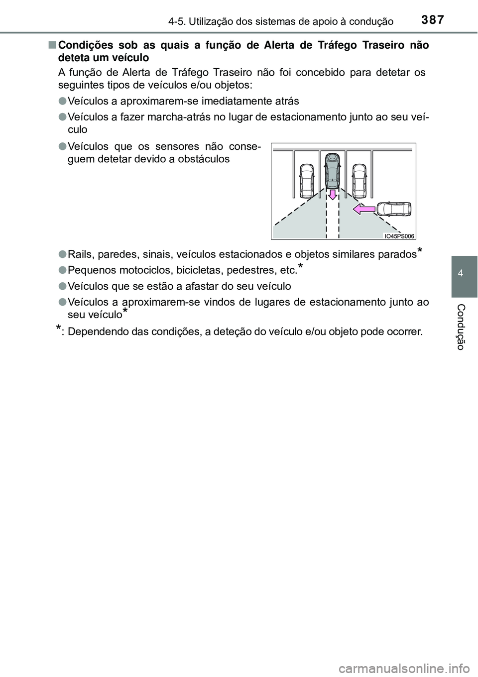 TOYOTA PRIUS 2016 Manual de utilização (in Portuguese) 3874-5. Utilização dos sistemas de apoio à condução
4
Condução
nCondições sob as quais a função de Alerta de Tráfego Traseiro não
deteta um veículo
A função de Alerta de Tráfego Trase TOYOTA PRIUS 2016 Manual de utilização (in Portuguese) 3874-5. Utilização dos sistemas de apoio à condução
4
Condução
nCondições sob as quais a função de Alerta de Tráfego Traseiro não
deteta um veículo
A função de Alerta de Tráfego Trase