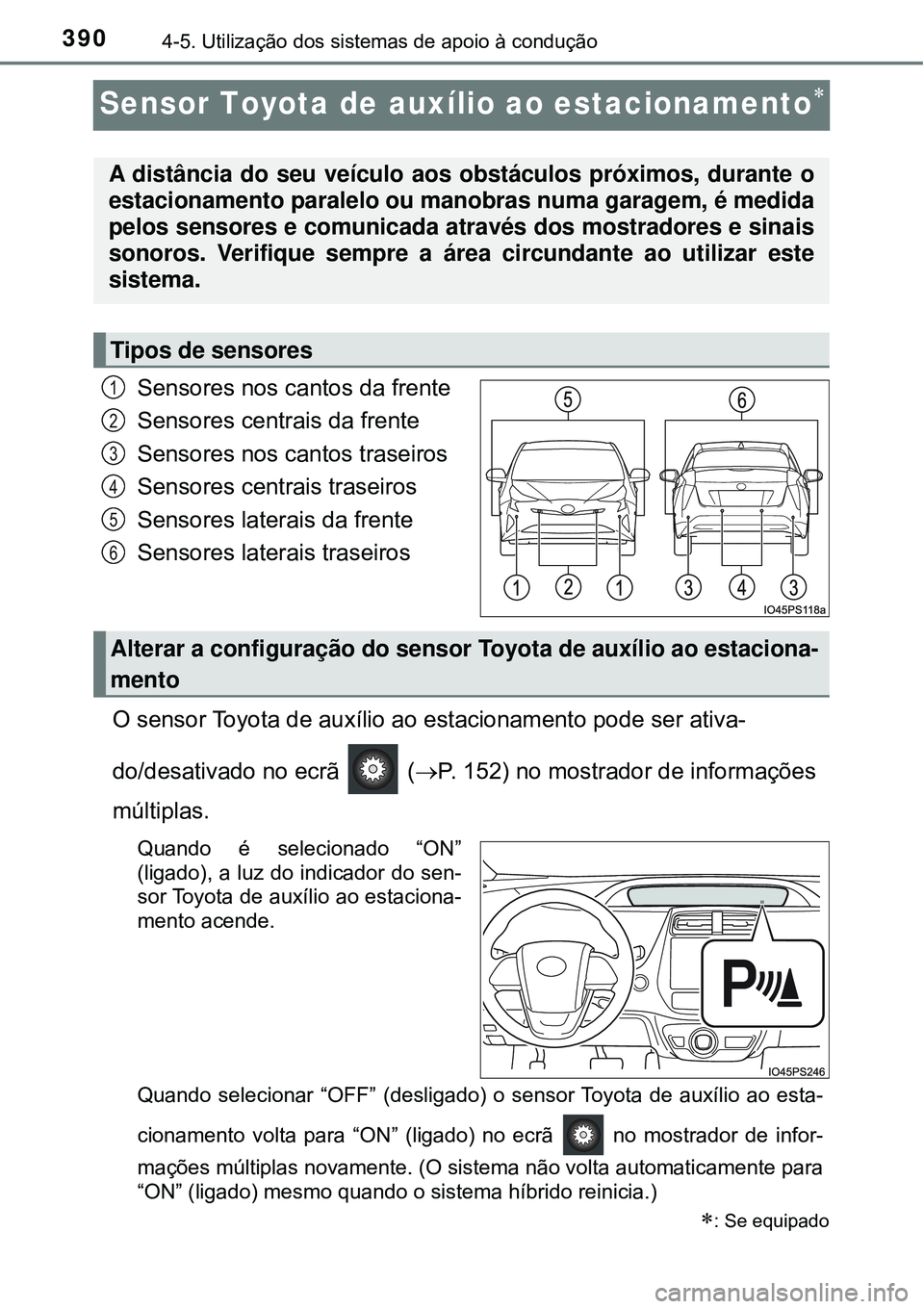 TOYOTA PRIUS 2016 Manual de utilização (in Portuguese) 3904-5. Utilização dos sistemas de apoio à condução
Sensor Toyota de auxílio ao estacionamento
Sensores nos cantos da frente
Sensores centrais da frente
Sensores nos cantos traseiros
Sensores TOYOTA PRIUS 2016 Manual de utilização (in Portuguese) 3904-5. Utilização dos sistemas de apoio à condução
Sensor Toyota de auxílio ao estacionamento
Sensores nos cantos da frente
Sensores centrais da frente
Sensores nos cantos traseiros
Sensores