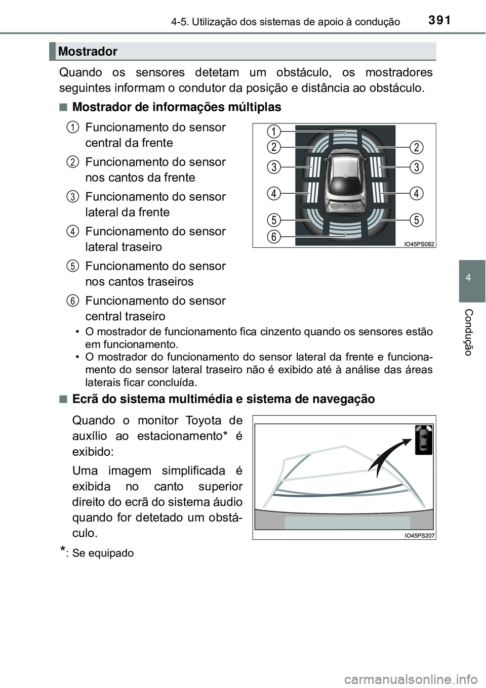 TOYOTA PRIUS 2016 Manual de utilização (in Portuguese) 3914-5. Utilização dos sistemas de apoio à condução
4
Condução
Quando os sensores detetam um obstáculo, os mostradores
seguintes informam o condutor da posição e distância ao obstáculo.
nM TOYOTA PRIUS 2016 Manual de utilização (in Portuguese) 3914-5. Utilização dos sistemas de apoio à condução
4
Condução
Quando os sensores detetam um obstáculo, os mostradores
seguintes informam o condutor da posição e distância ao obstáculo.
nM