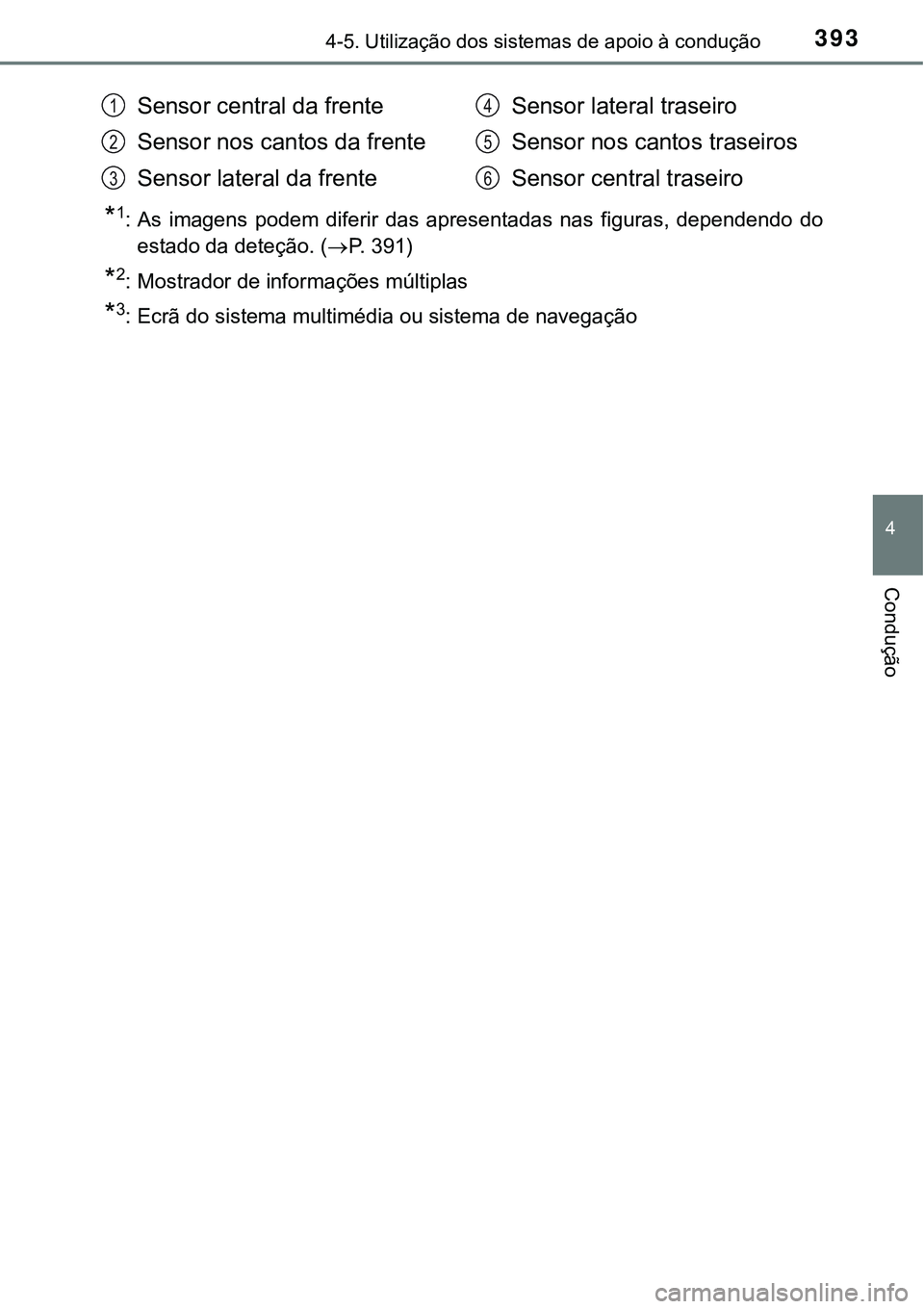 TOYOTA PRIUS 2016 Manual de utilização (in Portuguese) 3934-5. Utilização dos sistemas de apoio à condução
4
Condução
*1: As imagens podem diferir das apresentadas nas figuras, dependendo do
estado da deteção. (P. 391)
*2: Mostrador de informa TOYOTA PRIUS 2016 Manual de utilização (in Portuguese) 3934-5. Utilização dos sistemas de apoio à condução
4
Condução
*1: As imagens podem diferir das apresentadas nas figuras, dependendo do
estado da deteção. (P. 391)
*2: Mostrador de informa