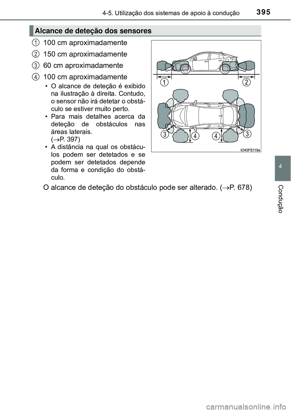 TOYOTA PRIUS 2016 Manual de utilização (in Portuguese) 3954-5. Utilização dos sistemas de apoio à condução
4
Condução
100 cm aproximadamente
150 cm aproximadamente
60 cm aproximadamente
100 cm aproximadamente
• O alcance de deteção é exibido TOYOTA PRIUS 2016 Manual de utilização (in Portuguese) 3954-5. Utilização dos sistemas de apoio à condução
4
Condução
100 cm aproximadamente
150 cm aproximadamente
60 cm aproximadamente
100 cm aproximadamente
• O alcance de deteção é exibido