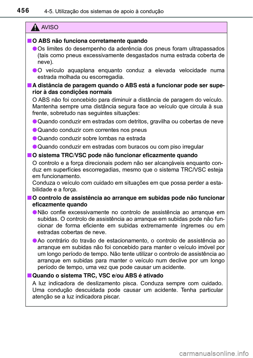TOYOTA PRIUS 2016 Manual de utilização (in Portuguese) 4564-5. Utilização dos sistemas de apoio à condução
AV I S O
nO ABS não funciona corretamente quando
lOs limites do desempenho da aderência dos pneus foram ultrapassados
(tais como pneus excess TOYOTA PRIUS 2016 Manual de utilização (in Portuguese) 4564-5. Utilização dos sistemas de apoio à condução
AV I S O
nO ABS não funciona corretamente quando
lOs limites do desempenho da aderência dos pneus foram ultrapassados
(tais como pneus excess