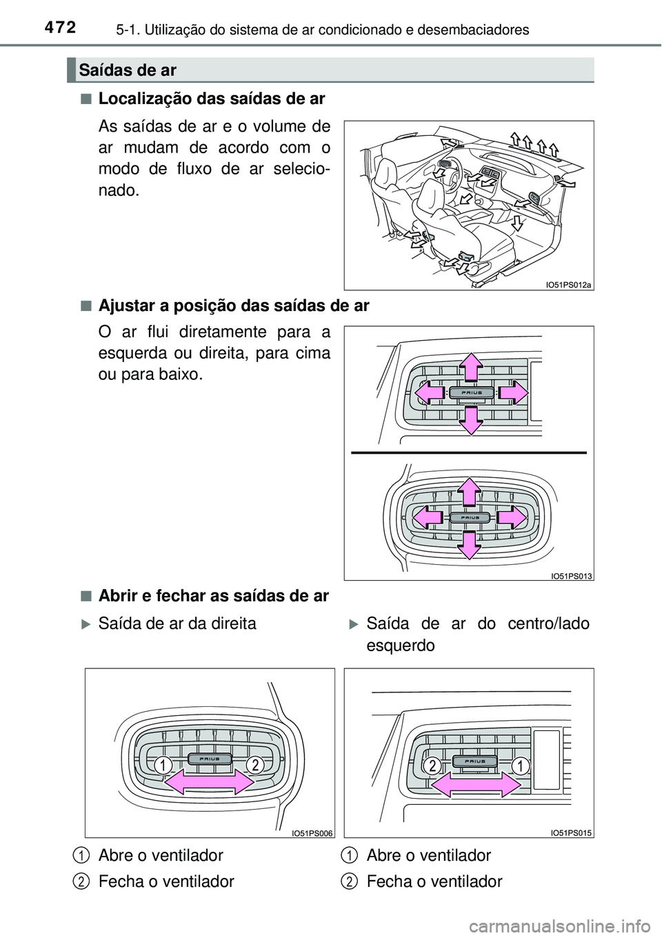 TOYOTA PRIUS 2016 Manual de utilização (in Portuguese) 4725-1. Utilização do sistema de ar condicionado e desembaciadores
nLocalização das saídas de ar
As saídas de ar e o volume de
ar mudam de acordo com o
modo de fluxo de ar selecio-
nado.
nAjusta TOYOTA PRIUS 2016 Manual de utilização (in Portuguese) 4725-1. Utilização do sistema de ar condicionado e desembaciadores
nLocalização das saídas de ar
As saídas de ar e o volume de
ar mudam de acordo com o
modo de fluxo de ar selecio-
nado.
nAjusta