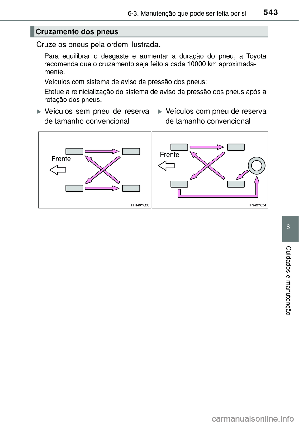 TOYOTA PRIUS 2016 Manual de utilização (in Portuguese) 5436-3. Manutenção que pode ser feita por si
6
Cuidados e manutenção
Cruze os pneus pela ordem ilustrada.
Para equilibrar o desgaste e aumentar a duração do pneu, a Toyota
recomenda que o cruzam TOYOTA PRIUS 2016 Manual de utilização (in Portuguese) 5436-3. Manutenção que pode ser feita por si
6
Cuidados e manutenção
Cruze os pneus pela ordem ilustrada.
Para equilibrar o desgaste e aumentar a duração do pneu, a Toyota
recomenda que o cruzam