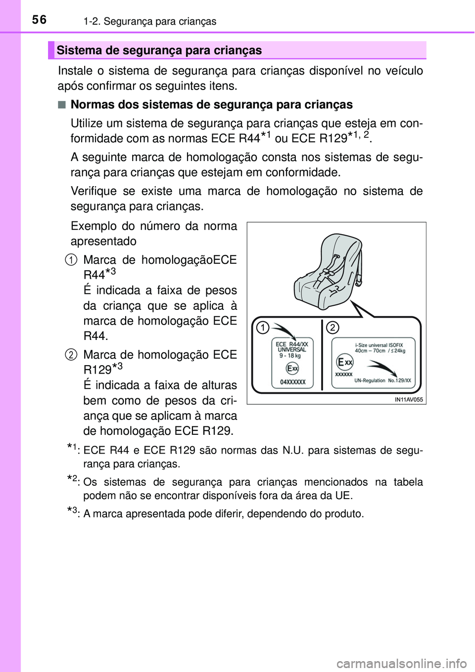 TOYOTA PRIUS 2016 Manual de utilização (in Portuguese) 561-2. Segurança para crianças
Instale o sistema de segurança para crianças disponível no veículo
após confirmar os seguintes itens.
nNormas dos sistemas de segurança para crianças
Utilize u TOYOTA PRIUS 2016 Manual de utilização (in Portuguese) 561-2. Segurança para crianças
Instale o sistema de segurança para crianças disponível no veículo
após confirmar os seguintes itens.
nNormas dos sistemas de segurança para crianças
Utilize u