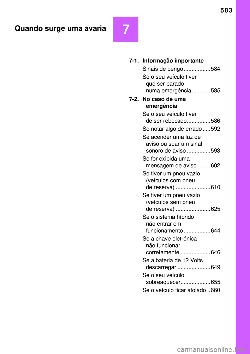 TOYOTA PRIUS 2016 Manual de utilização (in Portuguese) 583
7Quando surge uma avaria
7-1. Informação importante
Sinais de perigo ................. 584
Se o seu veículo tiver
que ser parado
numa emergência ............ 585
7-2. No caso de uma
emergê TOYOTA PRIUS 2016 Manual de utilização (in Portuguese) 583
7Quando surge uma avaria
7-1. Informação importante
Sinais de perigo ................. 584
Se o seu veículo tiver
que ser parado
numa emergência ............ 585
7-2. No caso de uma
emergê