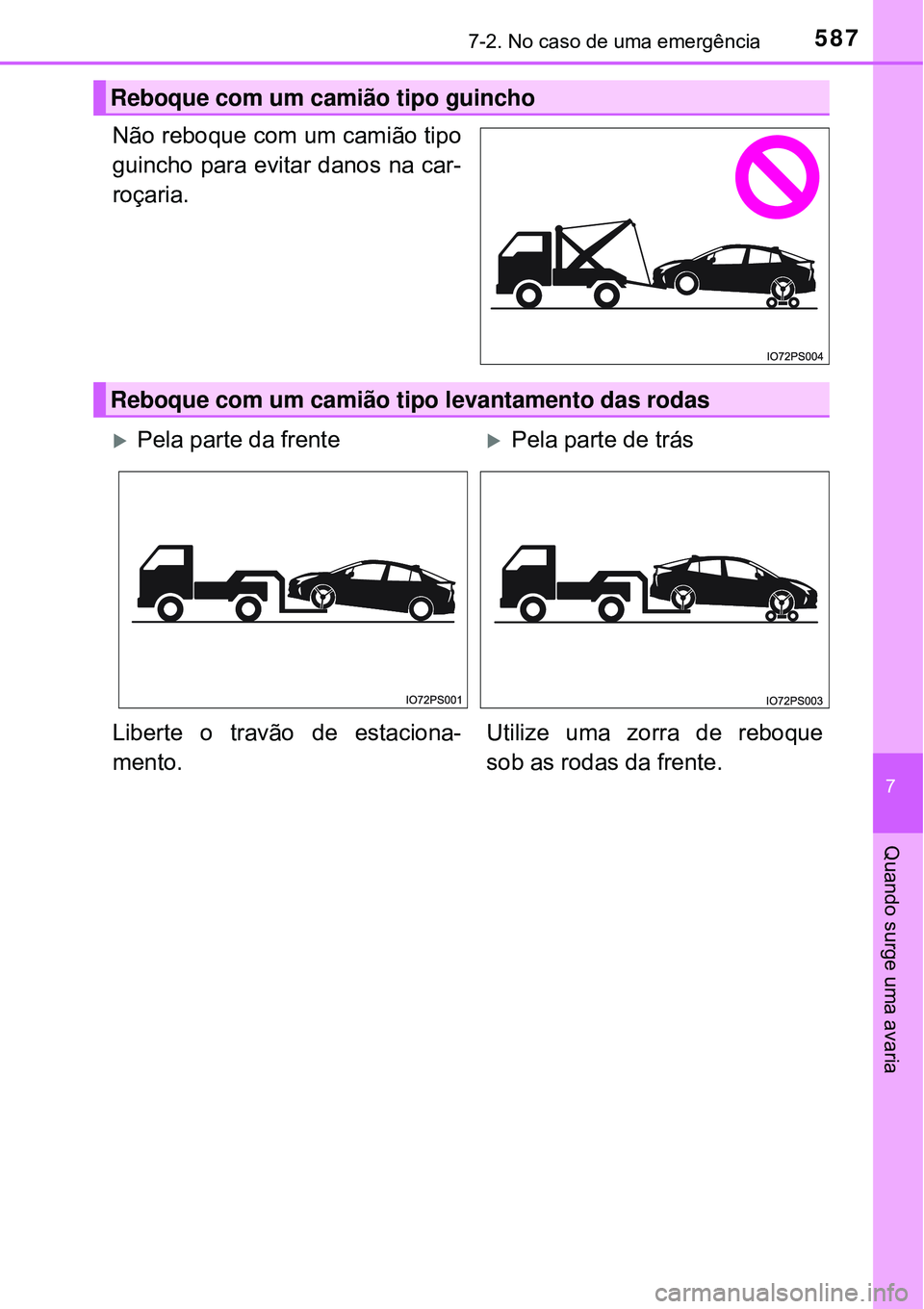 TOYOTA PRIUS 2016 Manual de utilização (in Portuguese) 5877-2. No caso de uma emergência
7
Quando surge uma avaria
Não reboque com um camião tipo
guincho para evitar danos na car-
roçaria.
Reboque com um camião tipo guincho
Reboque com um camião tip TOYOTA PRIUS 2016 Manual de utilização (in Portuguese) 5877-2. No caso de uma emergência
7
Quando surge uma avaria
Não reboque com um camião tipo
guincho para evitar danos na car-
roçaria.
Reboque com um camião tipo guincho
Reboque com um camião tip