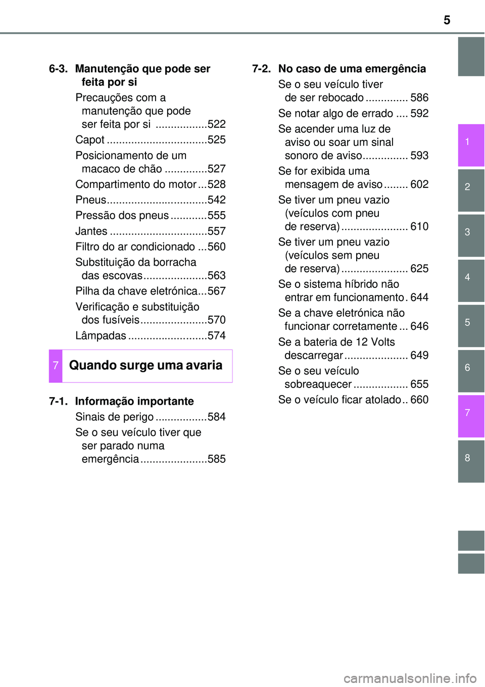 TOYOTA PRIUS 2017 Manual de utilização (in Portuguese) 5
1
8 7
6
5
4
3
2
6-3. Manutenção que pode ser
feita por si
Precauções com a
manutenção que pode
ser feita por si .................522
Capot .................................525
Posicionamen TOYOTA PRIUS 2017 Manual de utilização (in Portuguese) 5
1
8 7
6
5
4
3
2
6-3. Manutenção que pode ser
feita por si
Precauções com a
manutenção que pode
ser feita por si .................522
Capot .................................525
Posicionamen
