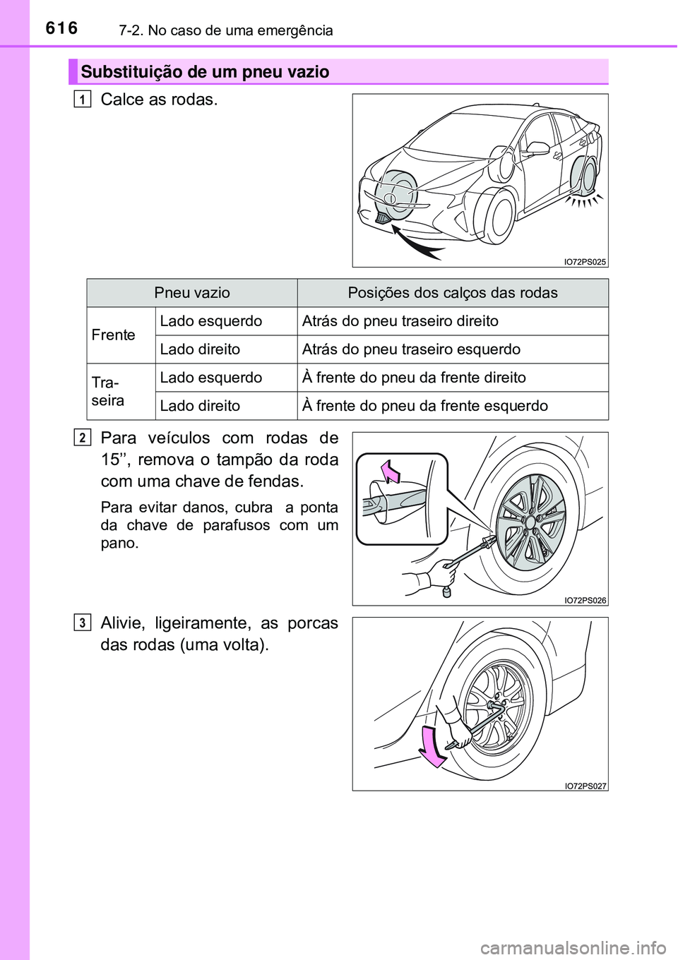 TOYOTA PRIUS 2016  Manual de utilização (in Portuguese) 6167-2. No caso de uma emergência
Calce as rodas.
Para veículos com rodas de
15’’, remova o tampão da roda
com uma chave de fendas.
Para evitar danos, cubra  a ponta
da chave de parafusos com u