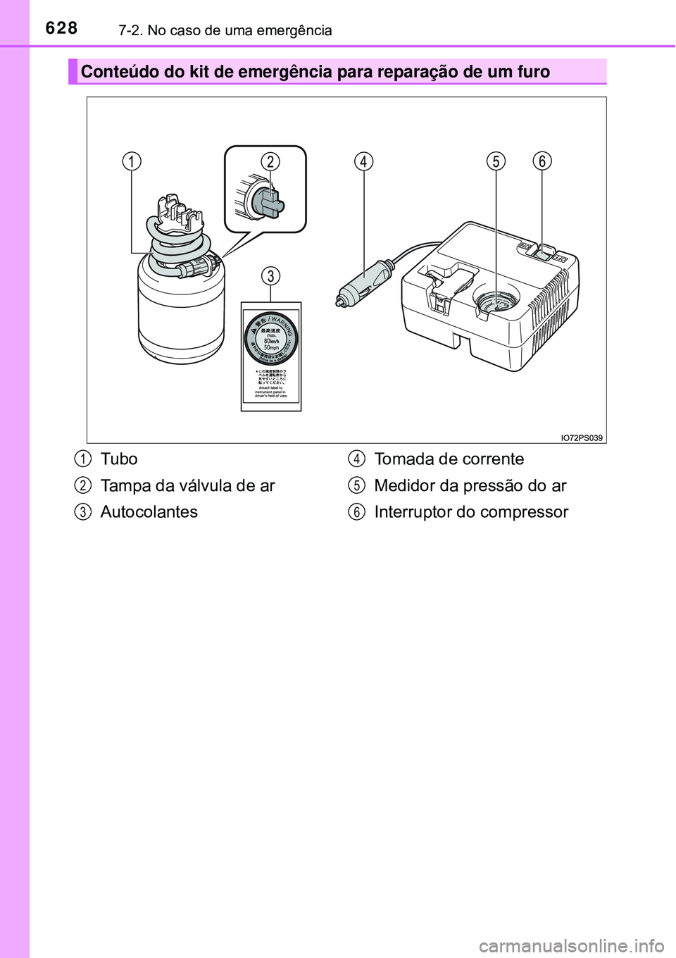 TOYOTA PRIUS 2016 Manual de utilização (in Portuguese) 6287-2. No caso de uma emergência
Conteúdo do kit de emergência para reparação de um furo
Tubo
Tampa da válvula de ar
AutocolantesTomada de corrente
Medidor da pressão do ar
Interruptor do comp TOYOTA PRIUS 2016 Manual de utilização (in Portuguese) 6287-2. No caso de uma emergência
Conteúdo do kit de emergência para reparação de um furo
Tubo
Tampa da válvula de ar
AutocolantesTomada de corrente
Medidor da pressão do ar
Interruptor do comp