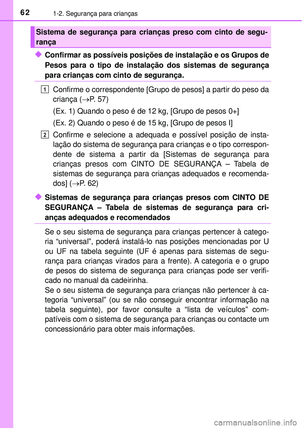 TOYOTA PRIUS 2016 Manual de utilização (in Portuguese) 621-2. Segurança para crianças
uConfirmar as possíveis posições de instalação e os Grupos de
Pesos para o tipo de instalação dos sistemas de segurança
para crianças com cinto de segurança. TOYOTA PRIUS 2016 Manual de utilização (in Portuguese) 621-2. Segurança para crianças
uConfirmar as possíveis posições de instalação e os Grupos de
Pesos para o tipo de instalação dos sistemas de segurança
para crianças com cinto de segurança.