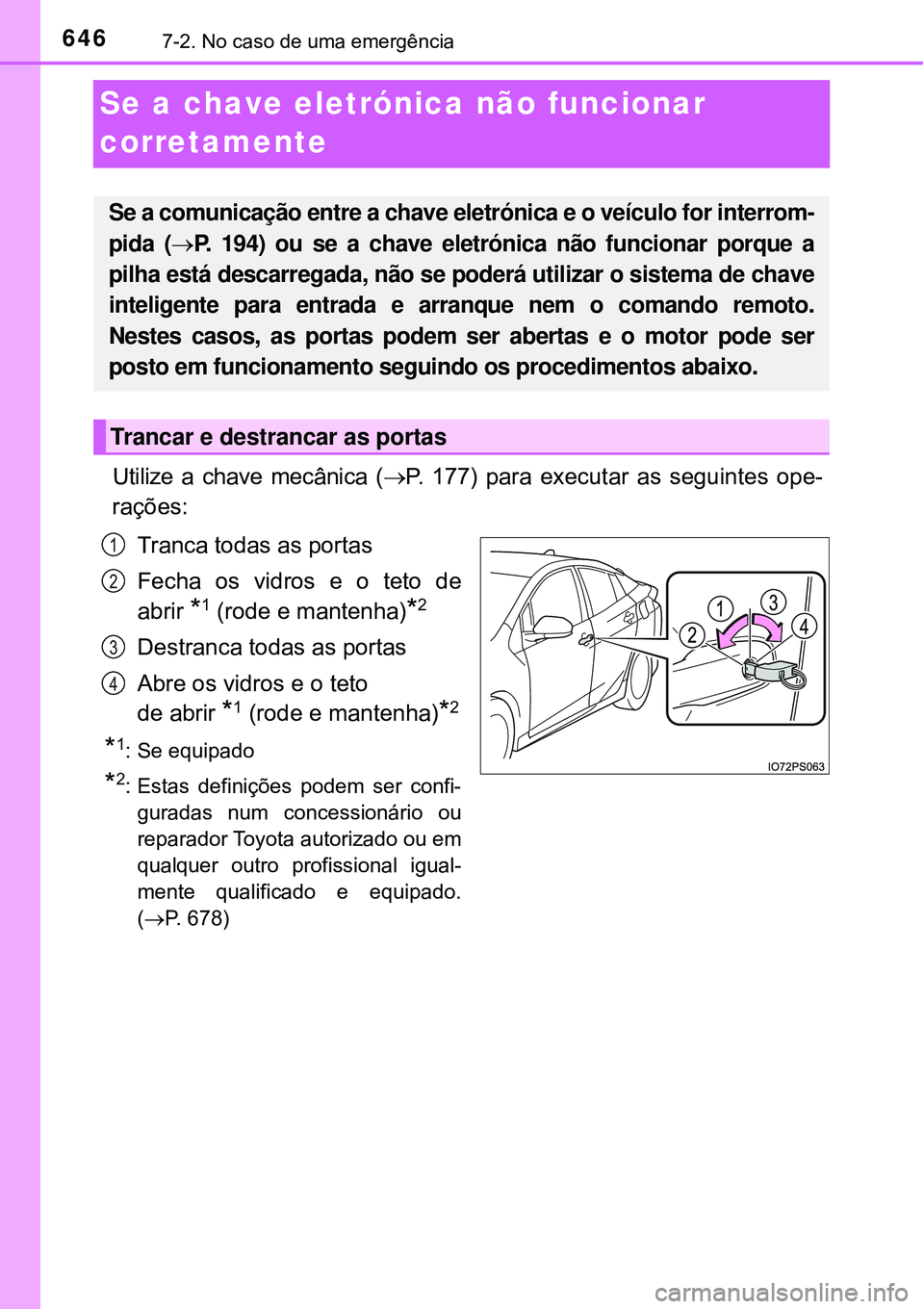 TOYOTA PRIUS 2016 Manual de utilização (in Portuguese) 6467-2. No caso de uma emergência
Se a chave eletrónica não funcionar
corretamente
Utilize a chave mecânica (P. 177) para executar as seguintes ope-
rações:
Tranca todas as portas
Fecha os v TOYOTA PRIUS 2016 Manual de utilização (in Portuguese) 6467-2. No caso de uma emergência
Se a chave eletrónica não funcionar
corretamente
Utilize a chave mecânica (P. 177) para executar as seguintes ope-
rações:
Tranca todas as portas
Fecha os v