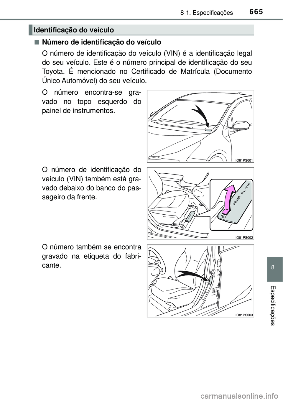 TOYOTA PRIUS 2016  Manual de utilização (in Portuguese) 6658-1. Especificações
8
Especificações
nNúmero de identificação do veículo
O número de identificação do veículo (VIN) é a identificação legal
do seu veículo. Este é o número princip