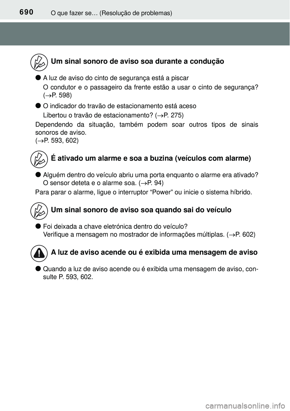 TOYOTA PRIUS 2016 Manual de utilização (in Portuguese) 690O que fazer se… (Resolução de problemas)
lA luz de aviso do cinto de segurança está a piscar
O condutor e o passageiro da frente estão a usar o cinto de segurança?
(P. 598)
lO indicador TOYOTA PRIUS 2016 Manual de utilização (in Portuguese) 690O que fazer se… (Resolução de problemas)
lA luz de aviso do cinto de segurança está a piscar
O condutor e o passageiro da frente estão a usar o cinto de segurança?
(P. 598)
lO indicador