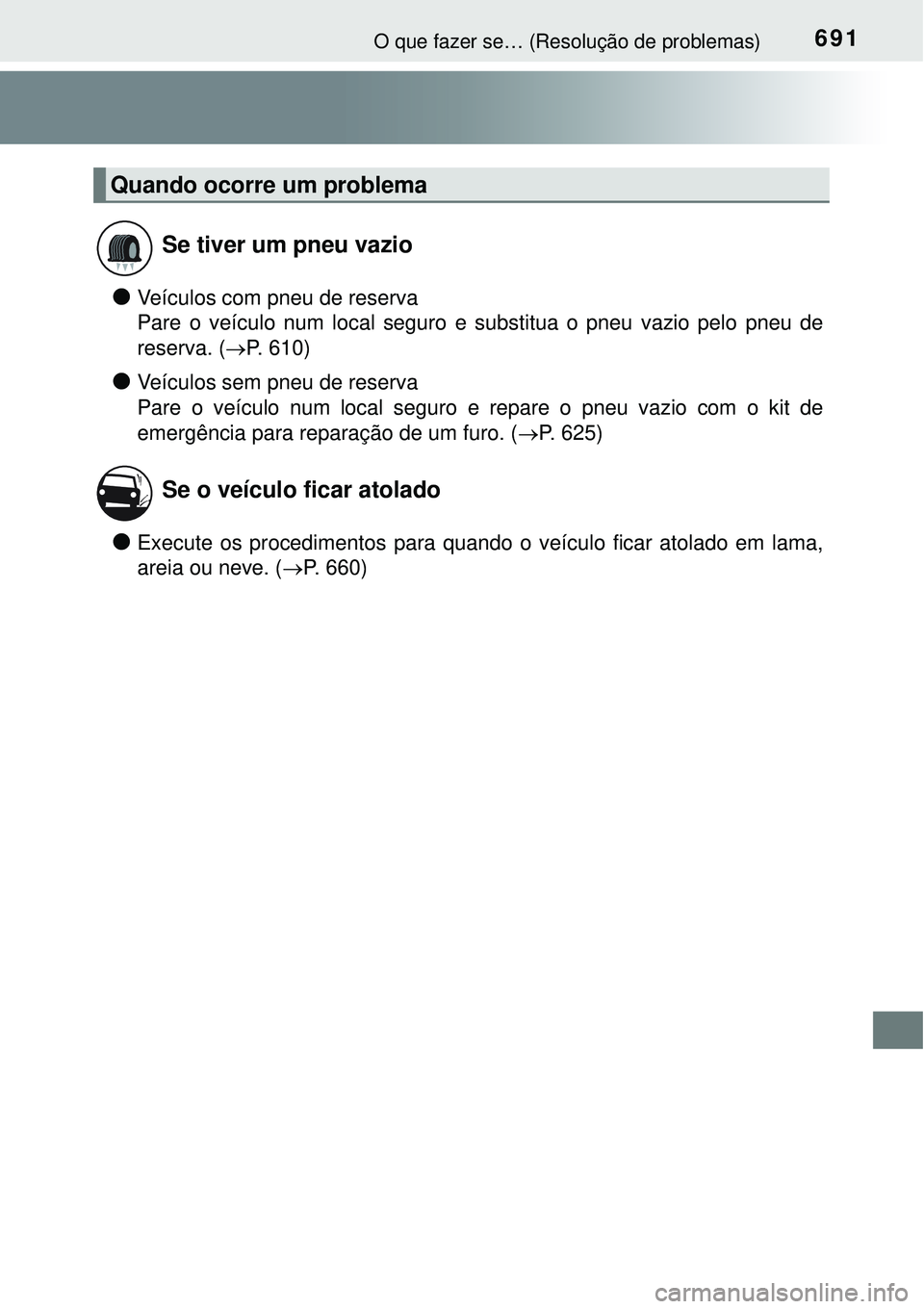 TOYOTA PRIUS 2016 Manual de utilização (in Portuguese) 691O que fazer se… (Resolução de problemas)
lVeículos com pneu de reserva
Pare o veículo num local seguro e substitua o pneu vazio pelo pneu de
reserva. (P. 610)
lVeículos sem pneu de reserv TOYOTA PRIUS 2016 Manual de utilização (in Portuguese) 691O que fazer se… (Resolução de problemas)
lVeículos com pneu de reserva
Pare o veículo num local seguro e substitua o pneu vazio pelo pneu de
reserva. (P. 610)
lVeículos sem pneu de reserv