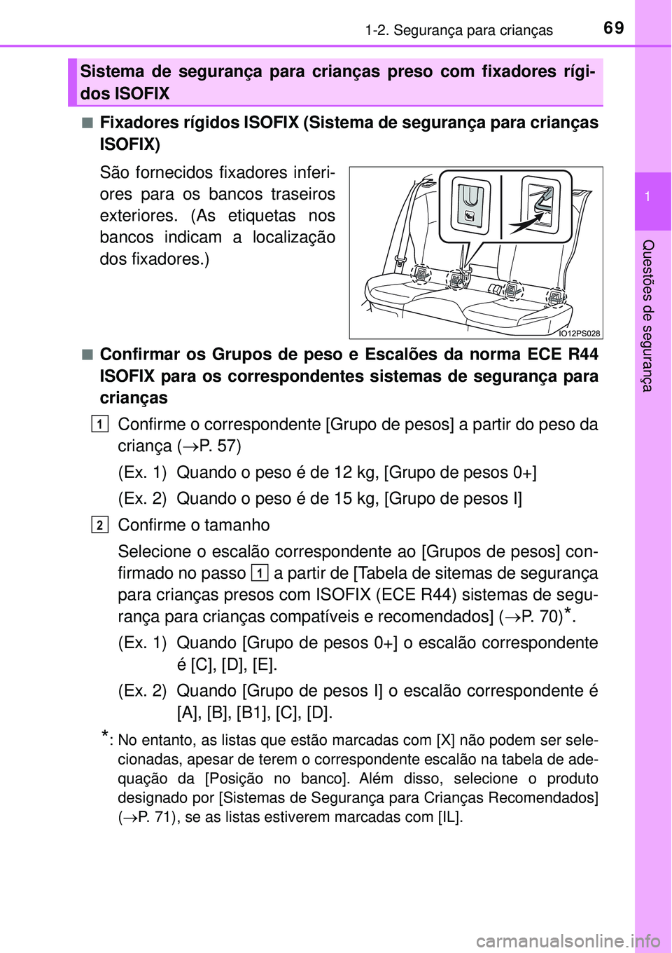 TOYOTA PRIUS 2016 Manual de utilização (in Portuguese) 691-2. Segurança para crianças
1
Questões de segurança
nFixadores rígidos ISOFIX (Sistema de segurança para crianças
ISOFIX)
São fornecidos fixadores inferi-
ores para os bancos traseiros
exte TOYOTA PRIUS 2016 Manual de utilização (in Portuguese) 691-2. Segurança para crianças
1
Questões de segurança
nFixadores rígidos ISOFIX (Sistema de segurança para crianças
ISOFIX)
São fornecidos fixadores inferi-
ores para os bancos traseiros
exte