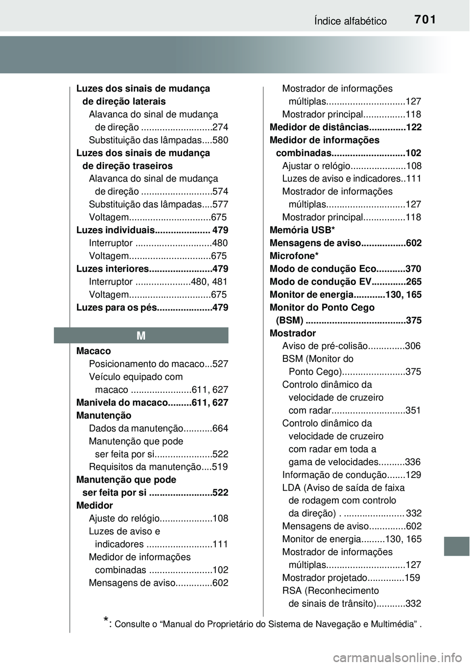 TOYOTA PRIUS 2016 Manual de utilização (in Portuguese) 701Índice alfabético
Luzes dos sinais de mudança
de direção laterais
Alavanca do sinal de mudança
de direção ...........................274
Substituição das lâmpadas....580
Luzes dos sin TOYOTA PRIUS 2016 Manual de utilização (in Portuguese) 701Índice alfabético
Luzes dos sinais de mudança
de direção laterais
Alavanca do sinal de mudança
de direção ...........................274
Substituição das lâmpadas....580
Luzes dos sin