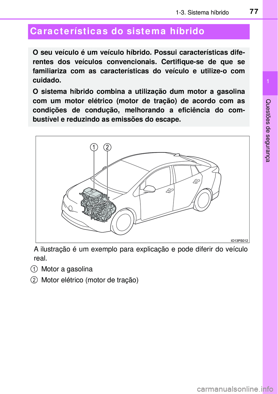 TOYOTA PRIUS 2016 Manual de utilização (in Portuguese) 77
1
1-3. Sistema híbrido
Questões de segurança
Características do sistema híbrido
A ilustração é um exemplo para explicação e pode diferir do veículo
real.
Motor a gasolina
Motor elétrico TOYOTA PRIUS 2016 Manual de utilização (in Portuguese) 77
1
1-3. Sistema híbrido
Questões de segurança
Características do sistema híbrido
A ilustração é um exemplo para explicação e pode diferir do veículo
real.
Motor a gasolina
Motor elétrico