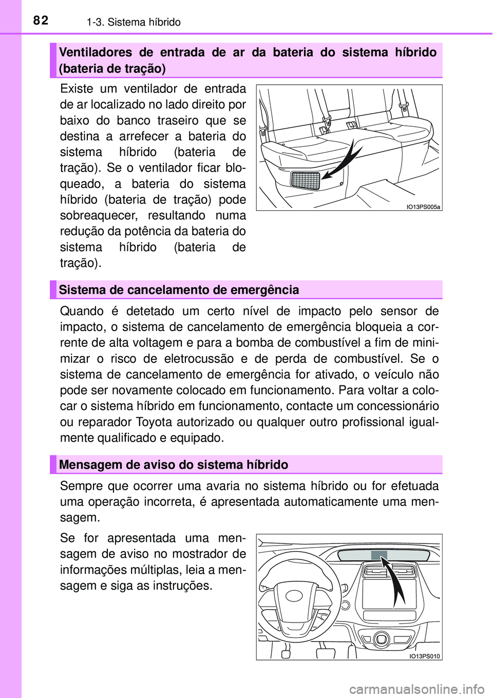TOYOTA PRIUS 2017 Manual de utilização (in Portuguese) 821-3. Sistema híbrido
Existe um ventilador de entrada
de ar localizado no lado direito por
baixo do banco traseiro que se
destina a arrefecer a bateria do
sistema híbrido (bateria de
tração). Se TOYOTA PRIUS 2017 Manual de utilização (in Portuguese) 821-3. Sistema híbrido
Existe um ventilador de entrada
de ar localizado no lado direito por
baixo do banco traseiro que se
destina a arrefecer a bateria do
sistema híbrido (bateria de
tração). Se