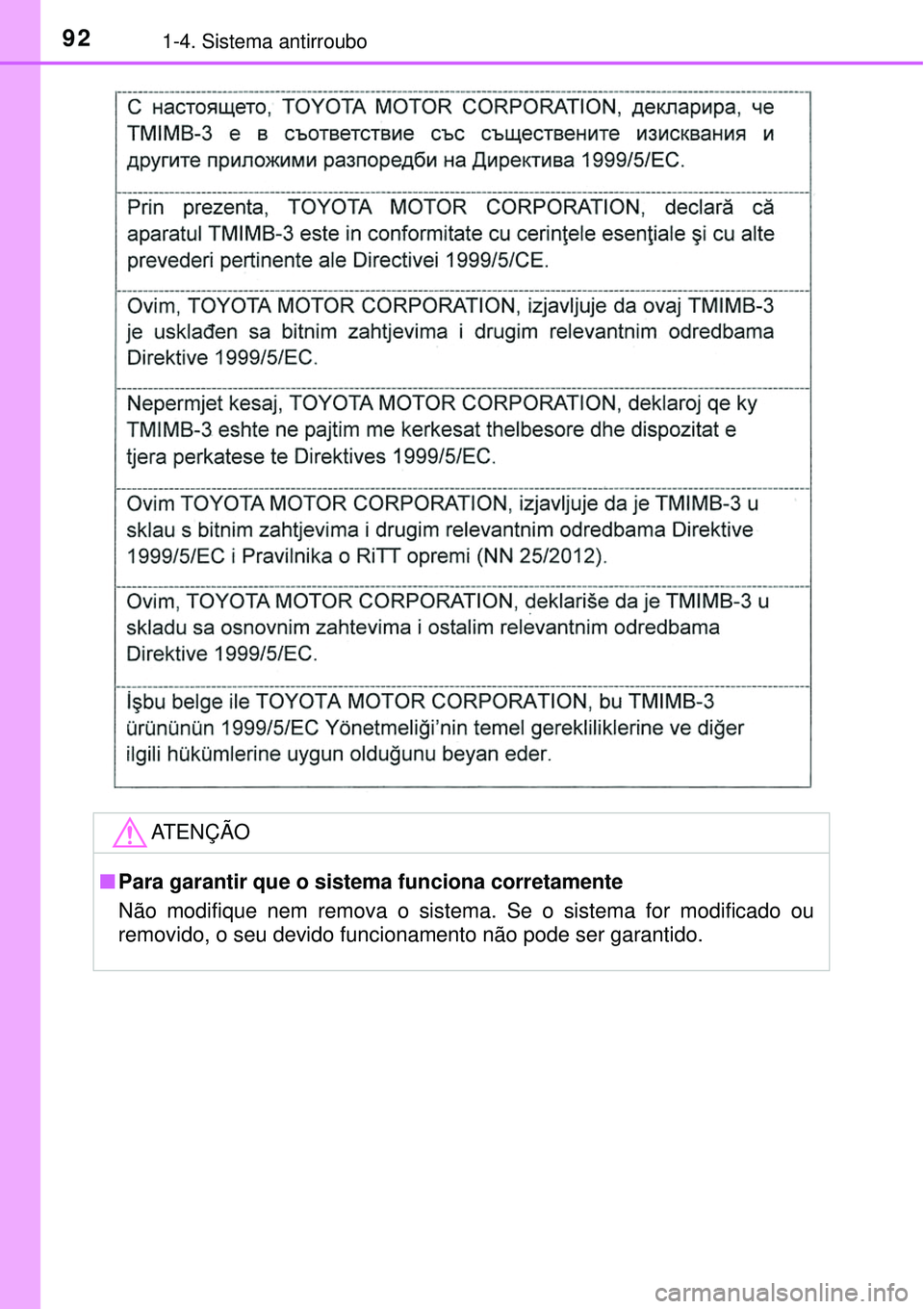 TOYOTA PRIUS 2016 Manual de utilização (in Portuguese) 921-4. Sistema antirroubo
ATENÇÃO
nPara garantir que o sistema funciona corretamente
Não modifique nem remova o sistema. Se o sistema for modificado ou
removido, o seu devido funcionamento não pod TOYOTA PRIUS 2016 Manual de utilização (in Portuguese) 921-4. Sistema antirroubo
ATENÇÃO
nPara garantir que o sistema funciona corretamente
Não modifique nem remova o sistema. Se o sistema for modificado ou
removido, o seu devido funcionamento não pod