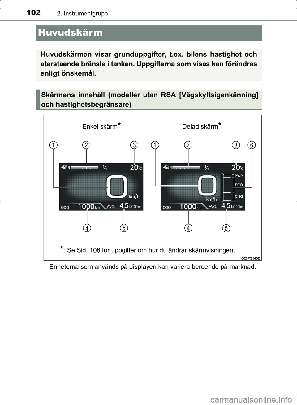 TOYOTA PRIUS 2017 Bruksanvisningar (in Swedish) 1022. Instrumentgrupp
OM47B56SE
Huvudskärm
Enheterna som används på displayen kan variera beroende på marknad.
Huvudskärmen visar grunduppgifter, t.ex. bilens hastighet och
återstående bränsle TOYOTA PRIUS 2017 Bruksanvisningar (in Swedish) 1022. Instrumentgrupp
OM47B56SE
Huvudskärm
Enheterna som används på displayen kan variera beroende på marknad.
Huvudskärmen visar grunduppgifter, t.ex. bilens hastighet och
återstående bränsle
