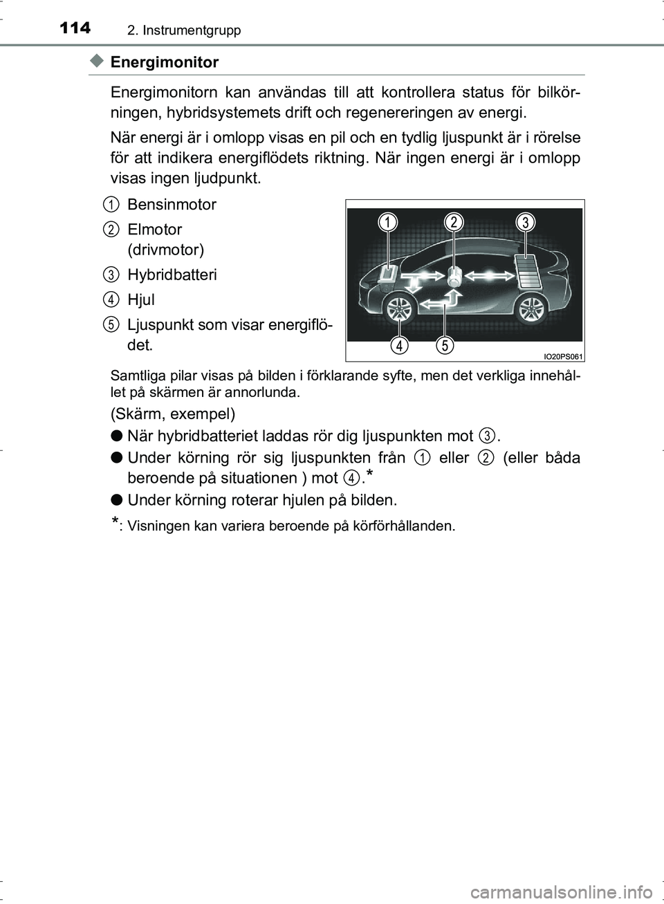 TOYOTA PRIUS 2017  Bruksanvisningar (in Swedish) 1142. Instrumentgrupp
OM47B56SE
◆Energimonitor
Energimonitorn kan användas till att kontrollera status för bilkör-
ningen, hybridsystemets drift och regenereringen av energi.
När energi är i om