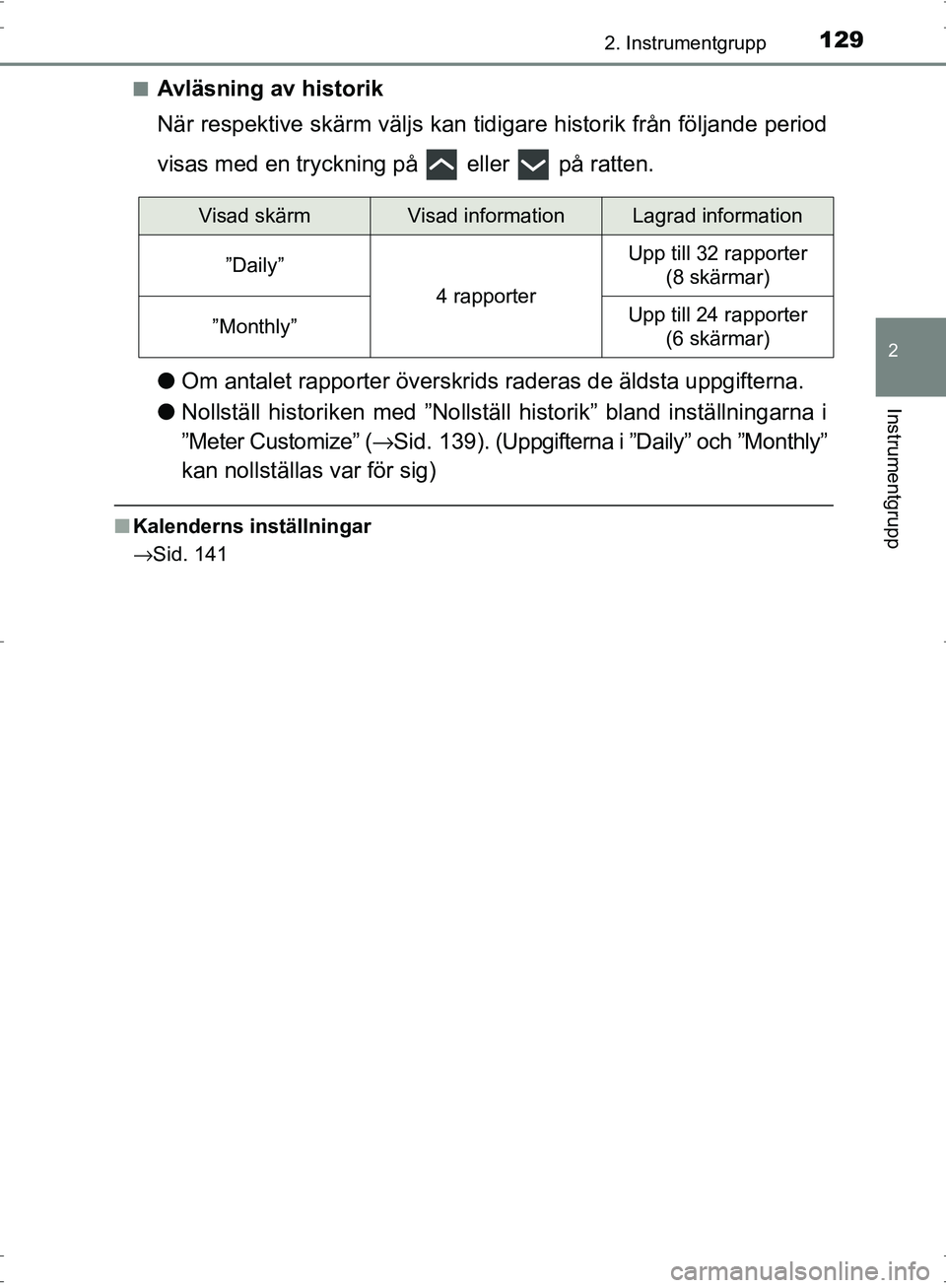 TOYOTA PRIUS 2017  Bruksanvisningar (in Swedish) 1292. Instrumentgrupp
2
Instrumentgrupp
OM47B56SE■
Avläsning av historik
När respektive skärm väljs kan tidigare historik från följande period
visas med en tryckning på   eller   på ratten.
