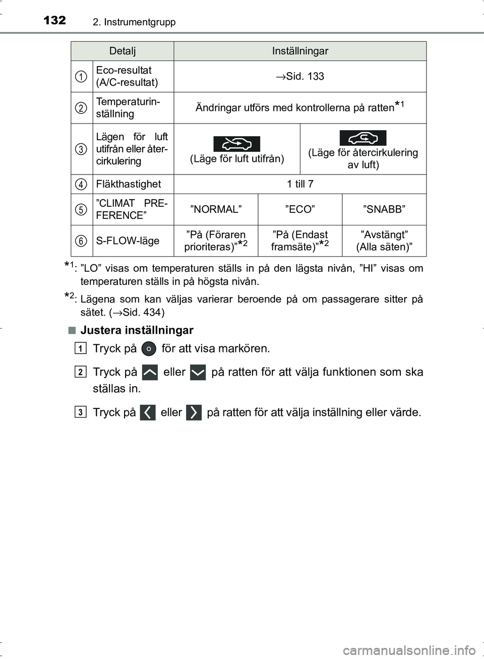 TOYOTA PRIUS 2017 Bruksanvisningar (in Swedish) 1322. Instrumentgrupp
OM47B56SE
*1: ”LO” visas om temperaturen ställs in på den lägsta nivån, ”HI” visas omtemperaturen ställs in på högsta nivån.
*2: Lägena som kan väljas varierar TOYOTA PRIUS 2017 Bruksanvisningar (in Swedish) 1322. Instrumentgrupp
OM47B56SE
*1: ”LO” visas om temperaturen ställs in på den lägsta nivån, ”HI” visas omtemperaturen ställs in på högsta nivån.
*2: Lägena som kan väljas varierar
