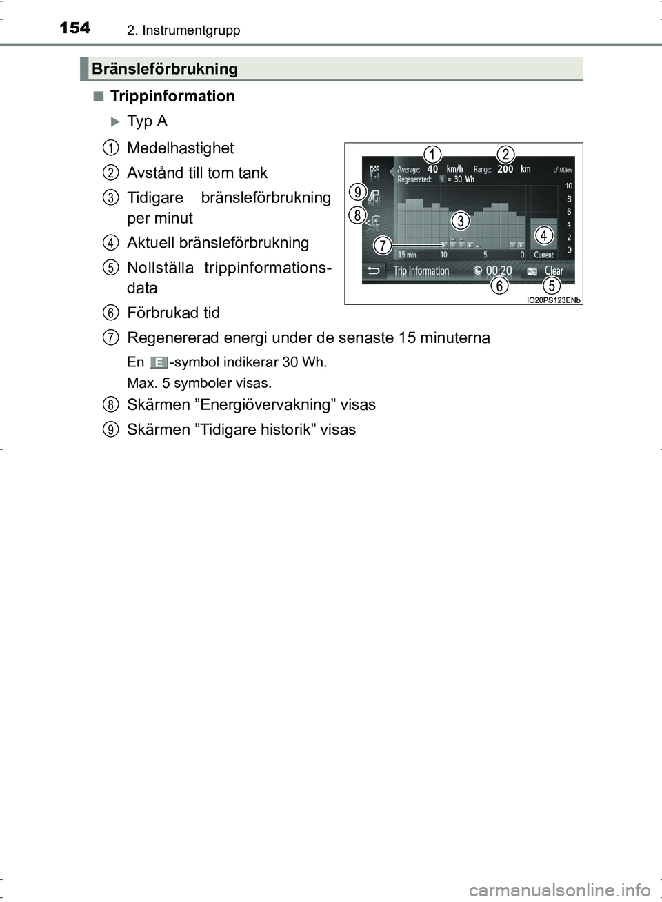 TOYOTA PRIUS 2017  Bruksanvisningar (in Swedish) 1542. Instrumentgrupp
OM47B56SE■
Trippinformation
�XTy p  A
Medelhastighet
Avstånd till tom tank
Tidigare bränsleförbrukning
per minut
Aktuell bränsleförbrukning
Nollställa trippinformations-
