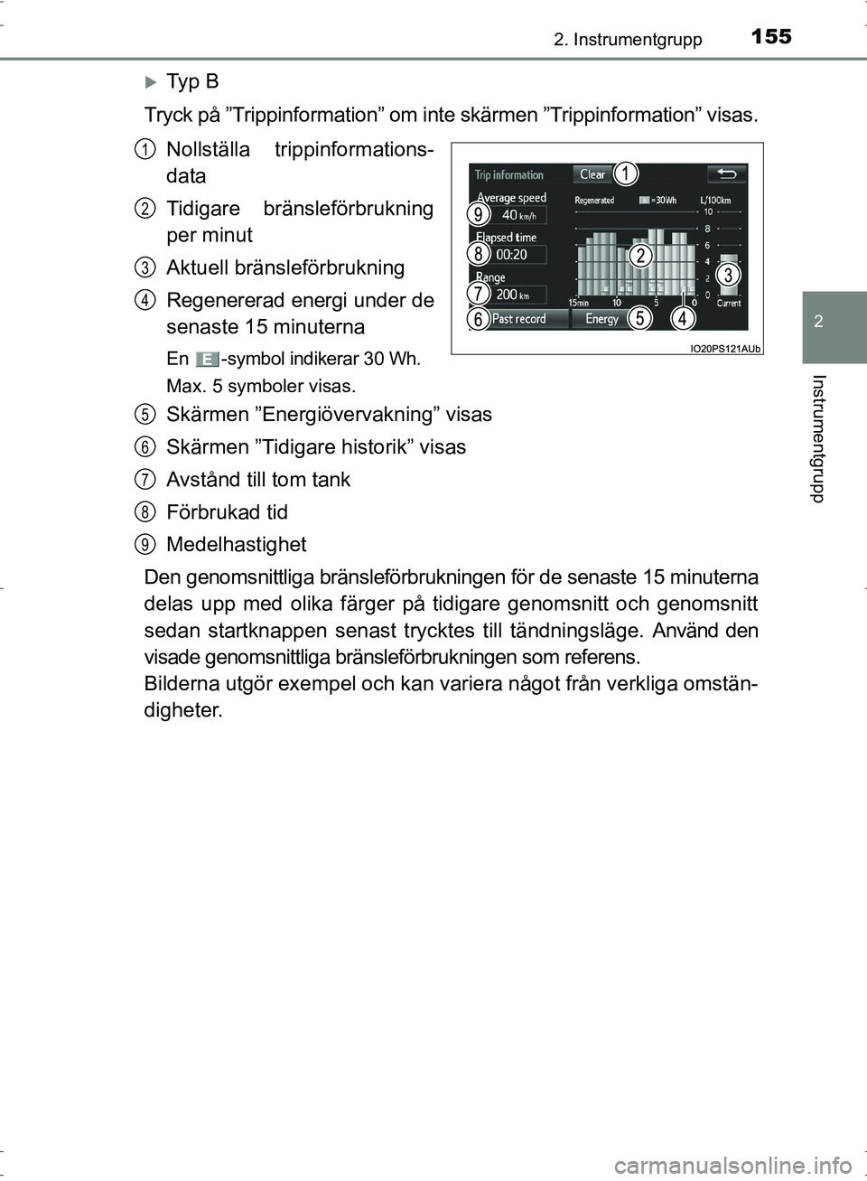 TOYOTA PRIUS 2017  Bruksanvisningar (in Swedish) 1552. Instrumentgrupp
2
Instrumentgrupp
OM47B56SE
�XTy p  B
Tryck på ”Trippinformation” om inte skärmen ”Trippinformation” visas.
Nollställa trippinformations-
data
Tidigare bränsleförbru