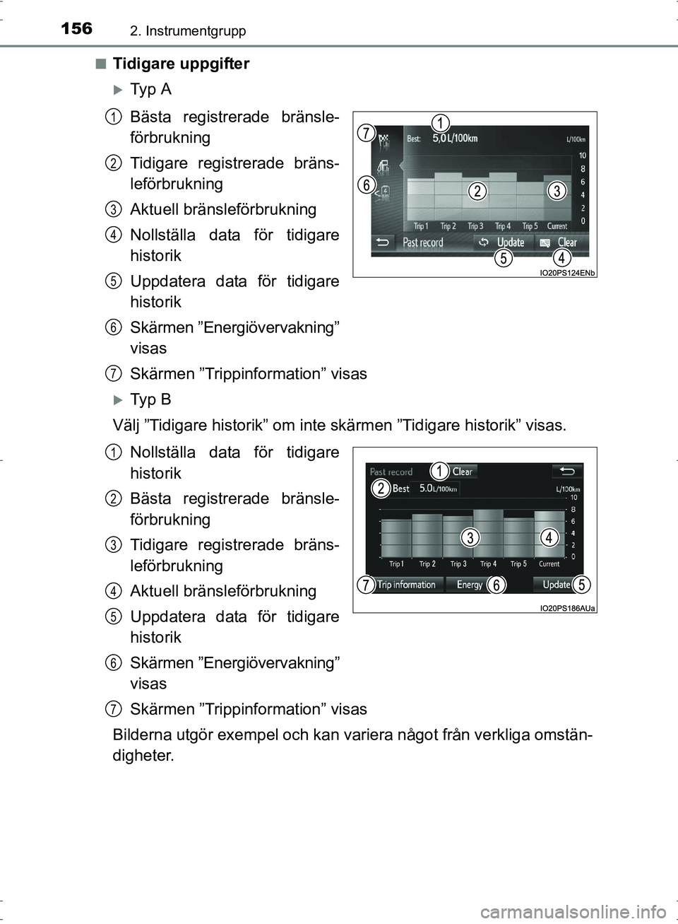 TOYOTA PRIUS 2017  Bruksanvisningar (in Swedish) 1562. Instrumentgrupp
OM47B56SE■
Tidigare uppgifter
�XTy p  A
Bästa registrerade bränsle-
förbrukning
Tidigare registrerade bräns-
leförbrukning
Aktuell bränsleförbrukning
Nollställa data f