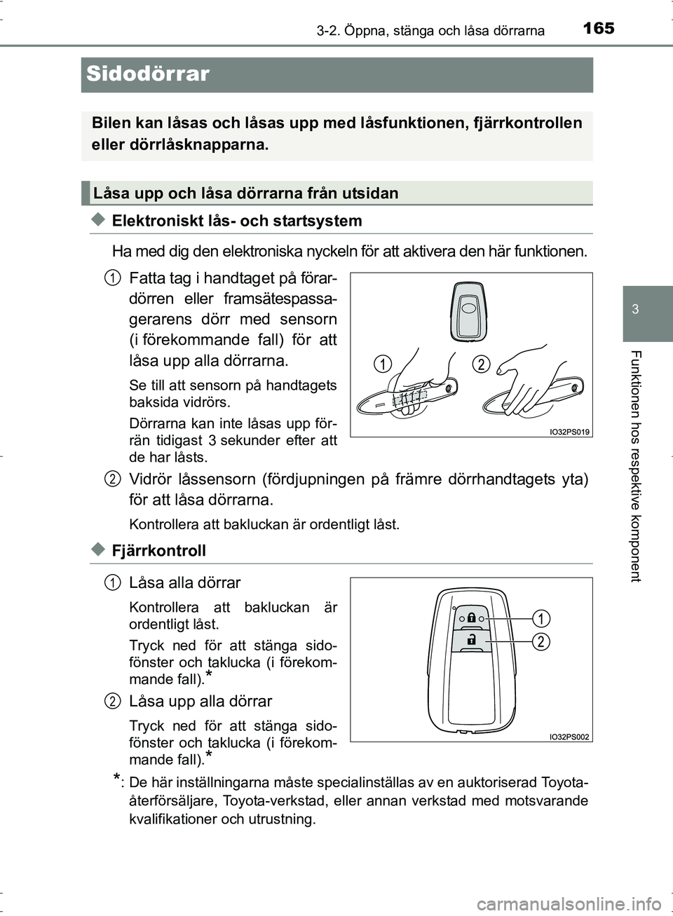 TOYOTA PRIUS 2017 Bruksanvisningar (in Swedish) 165
3
3-2. Öppna, stänga och låsa dörrarna
Funktionen hos respektive komponent
OM47B56SE
Sidodörrar
◆Elektroniskt lås- och startsystem
Ha med dig den elektroniska nyckeln för att aktivera den TOYOTA PRIUS 2017 Bruksanvisningar (in Swedish) 165
3
3-2. Öppna, stänga och låsa dörrarna
Funktionen hos respektive komponent
OM47B56SE
Sidodörrar
◆Elektroniskt lås- och startsystem
Ha med dig den elektroniska nyckeln för att aktivera den