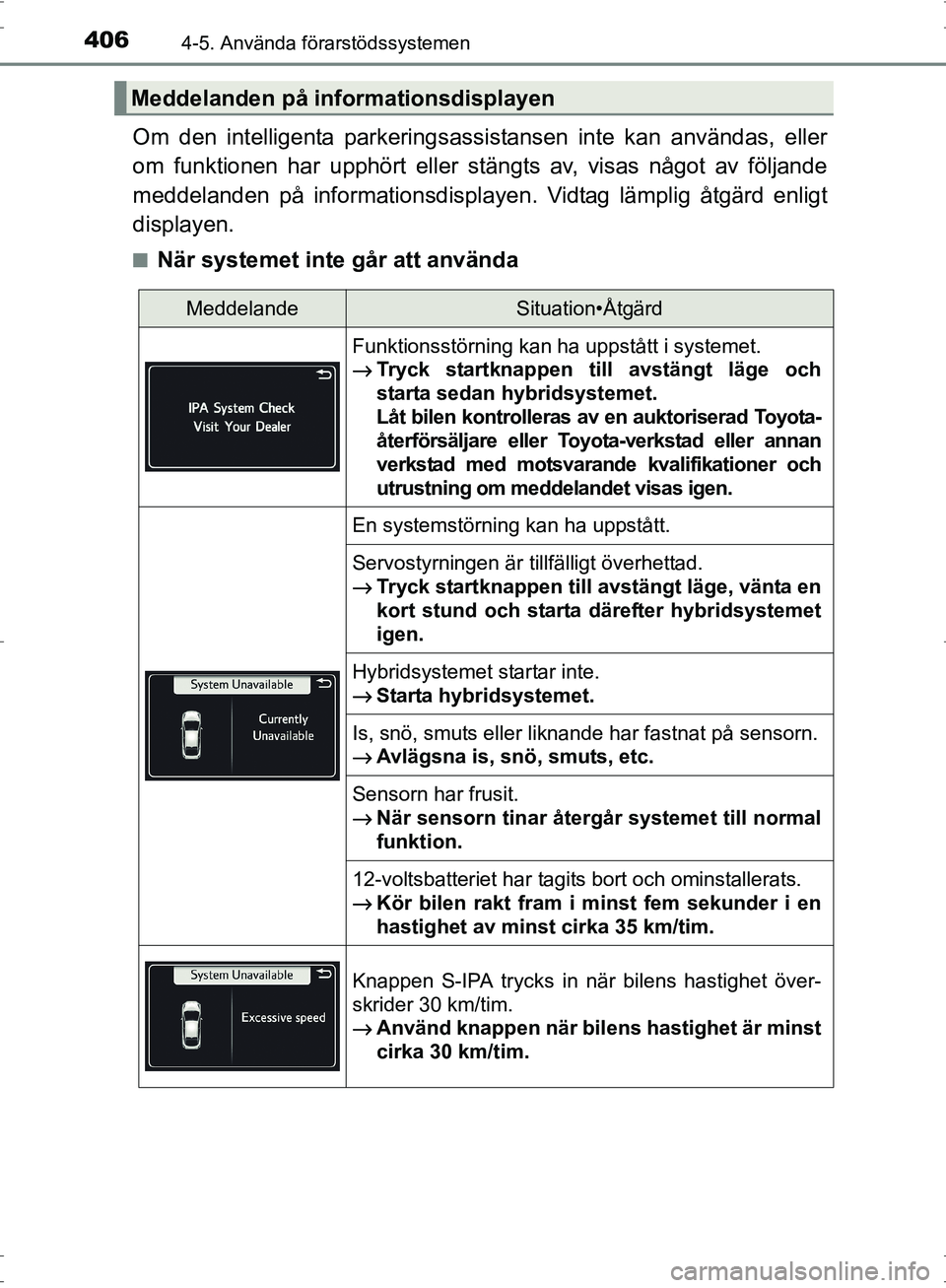 TOYOTA PRIUS 2017  Bruksanvisningar (in Swedish) 4064-5. Använda förarstödssystemen
OM47B56SE
Om den intelligenta parkeringsassistansen inte kan användas, eller
om funktionen har upphört eller stängts av, visas något av följande
meddelanden 