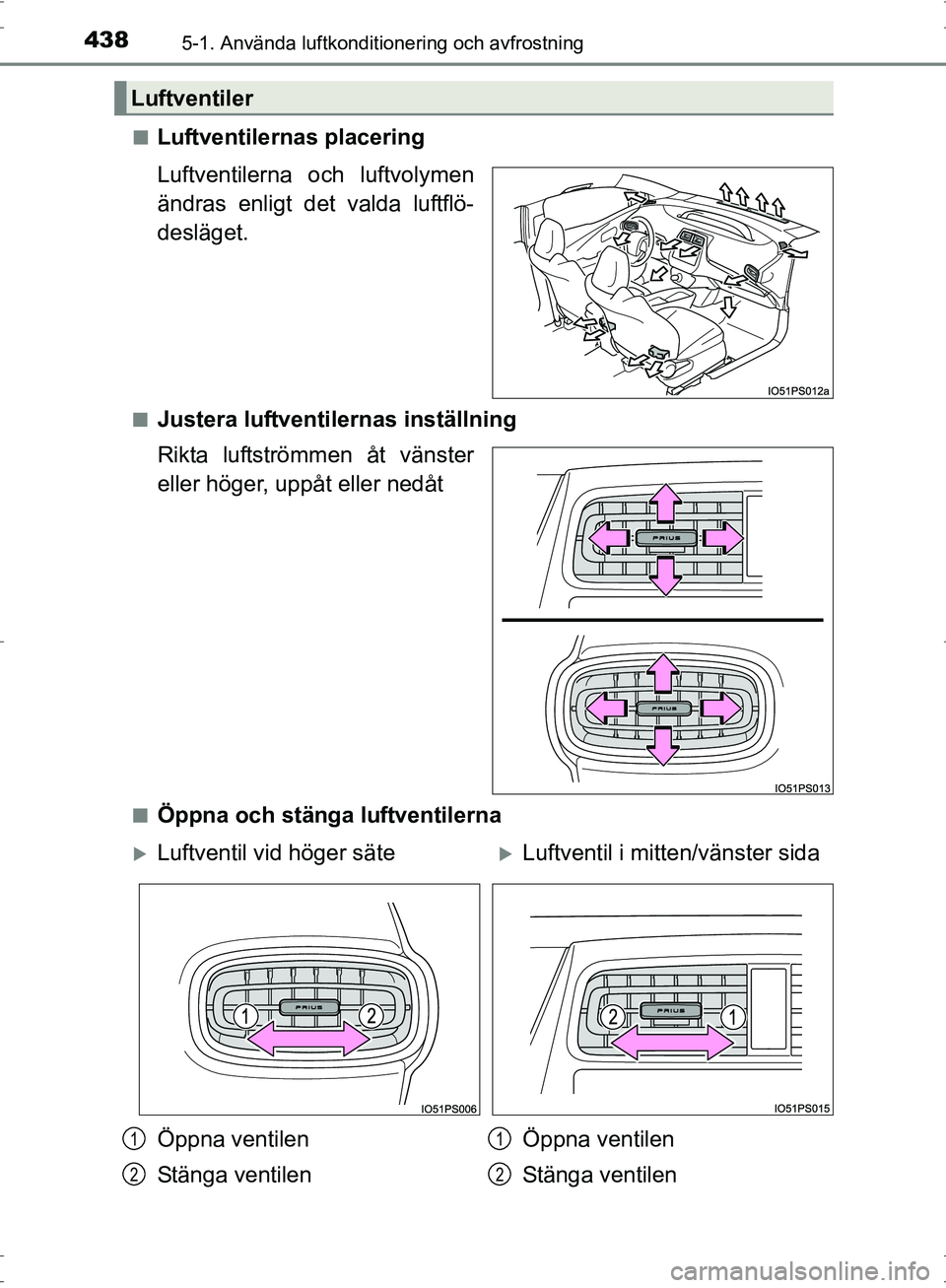 TOYOTA PRIUS 2017  Bruksanvisningar (in Swedish) 4385-1. Använda luftkonditionering och avfrostning
OM47B56SE■
Luftventilernas placering
Luftventilerna och luftvolymen
ändras enligt det valda luftflö-
desläget.
■Justera luftventilernas inst