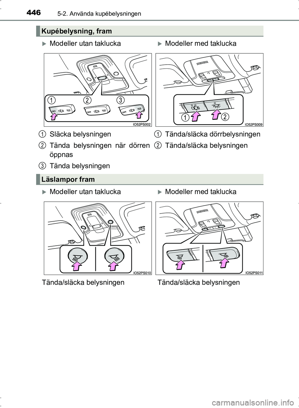 TOYOTA PRIUS 2017  Bruksanvisningar (in Swedish) 4465-2. Använda kupébelysningen
OM47B56SE
Kupébelysning, fram
�XModeller utan taklucka�XModeller med taklucka
Släcka belysningen
Tända belysningen när dörren
öppnas
Tända belysningen Tända/s