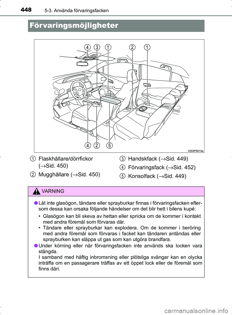 TOYOTA PRIUS 2017  Bruksanvisningar (in Swedish) 4485-3. Använda förvaringsfacken
OM47B56SE
För varingsmöjligheter
Flaskhållare/dörrfickor 
(→ Sid. 450)
Mugghållare ( →Sid. 450) Handskfack (
→Sid. 449)
Förvaringsfack ( →Sid. 452)
Kon