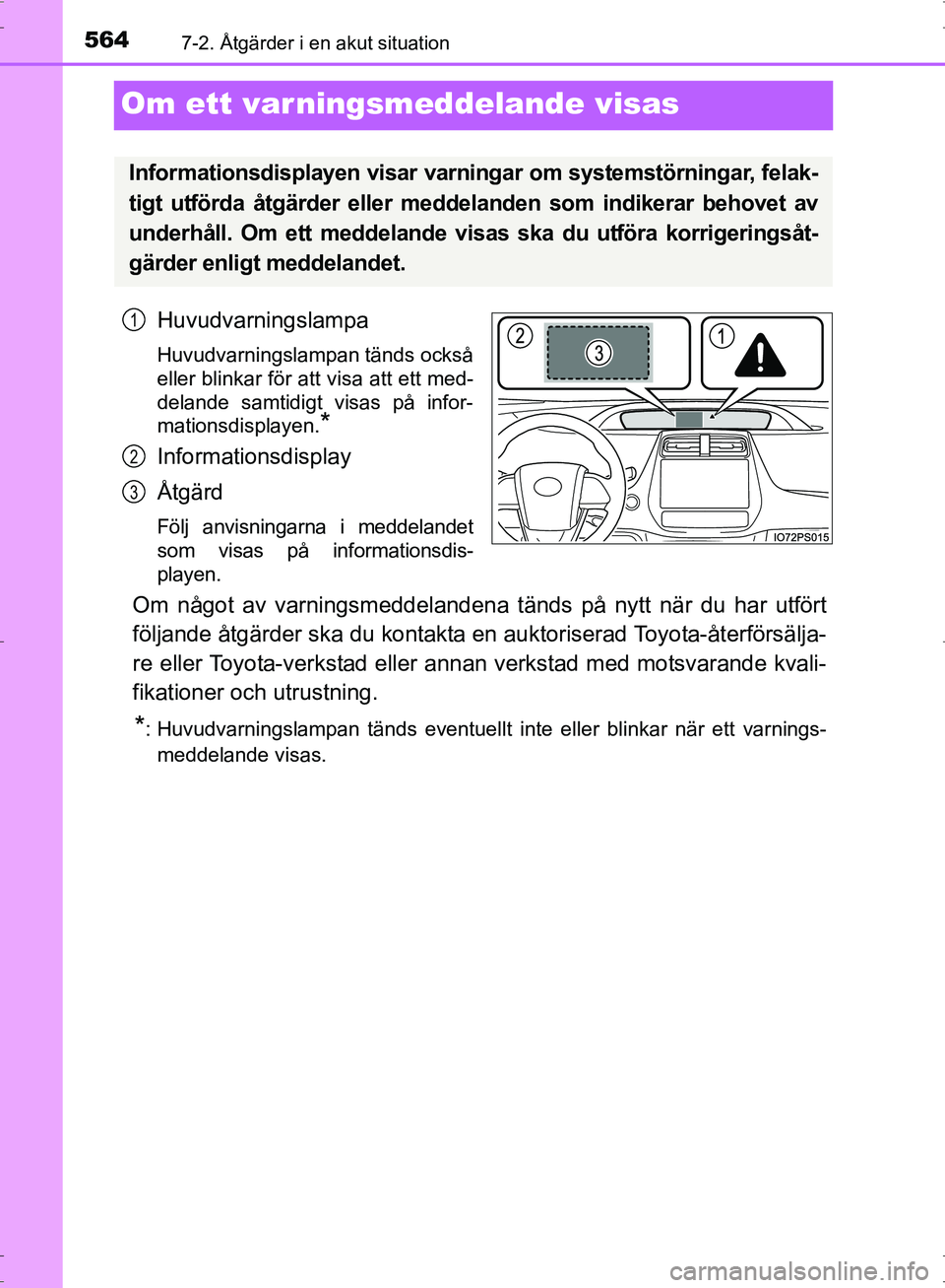 TOYOTA PRIUS 2017 Bruksanvisningar (in Swedish) 5647-2. Åtgärder i en akut situation
OM47B56SE
Om ett varningsmeddelande visas
Huvudvarningslampa
Huvudvarningslampan tänds också
eller blinkar för att visa att ett med-
delande samtidigt visas p TOYOTA PRIUS 2017 Bruksanvisningar (in Swedish) 5647-2. Åtgärder i en akut situation
OM47B56SE
Om ett varningsmeddelande visas
Huvudvarningslampa
Huvudvarningslampan tänds också
eller blinkar för att visa att ett med-
delande samtidigt visas p